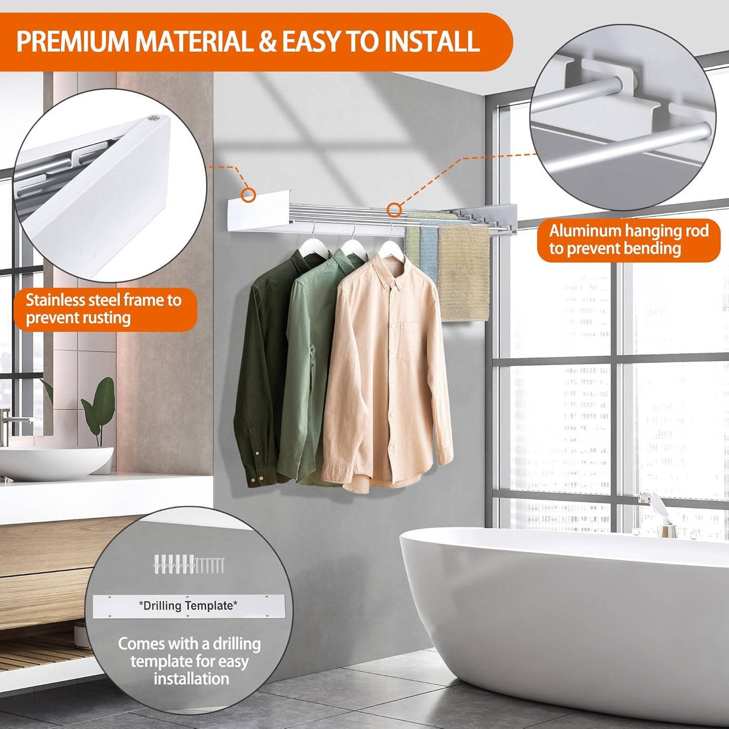 FOCHIER F Laundry Drying Rack Wall Mounted Clothes Drying Rack Collapsible with 4 Aluminum Rods and Drilling Template Long Screwdriver Bit 60 lbs Capacity (White, 23.6")