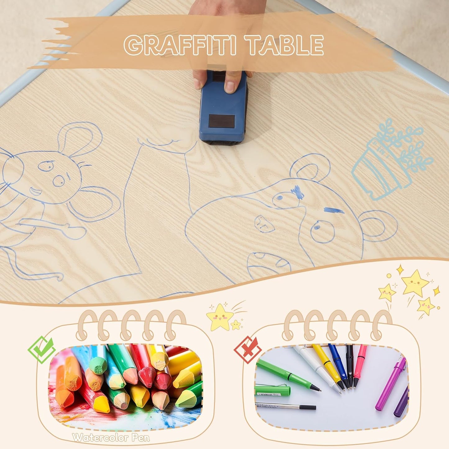 Height-Adjustable Kids Table and Chairs, 31.5''L x 23.6''W Toddler Table and 4 Chairs Set with Anti-Slip Foot Covers, Children Activity Table for Ages 2-10, Graffiti Desktop