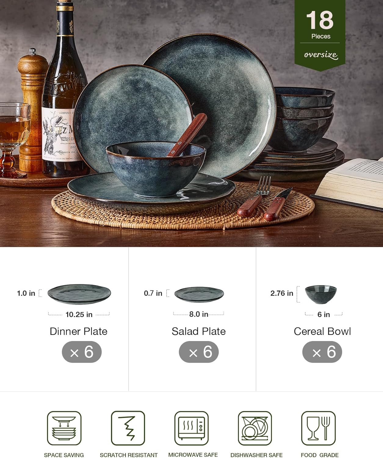 Famiware Ocean Round Plates and Bowls Set, 18 Pieces Dinnerware Sets, Dishes Set for 6, Reactive Glaze, Microwave and Dishwasher Safe, Scratch Resistant, Deep Forest