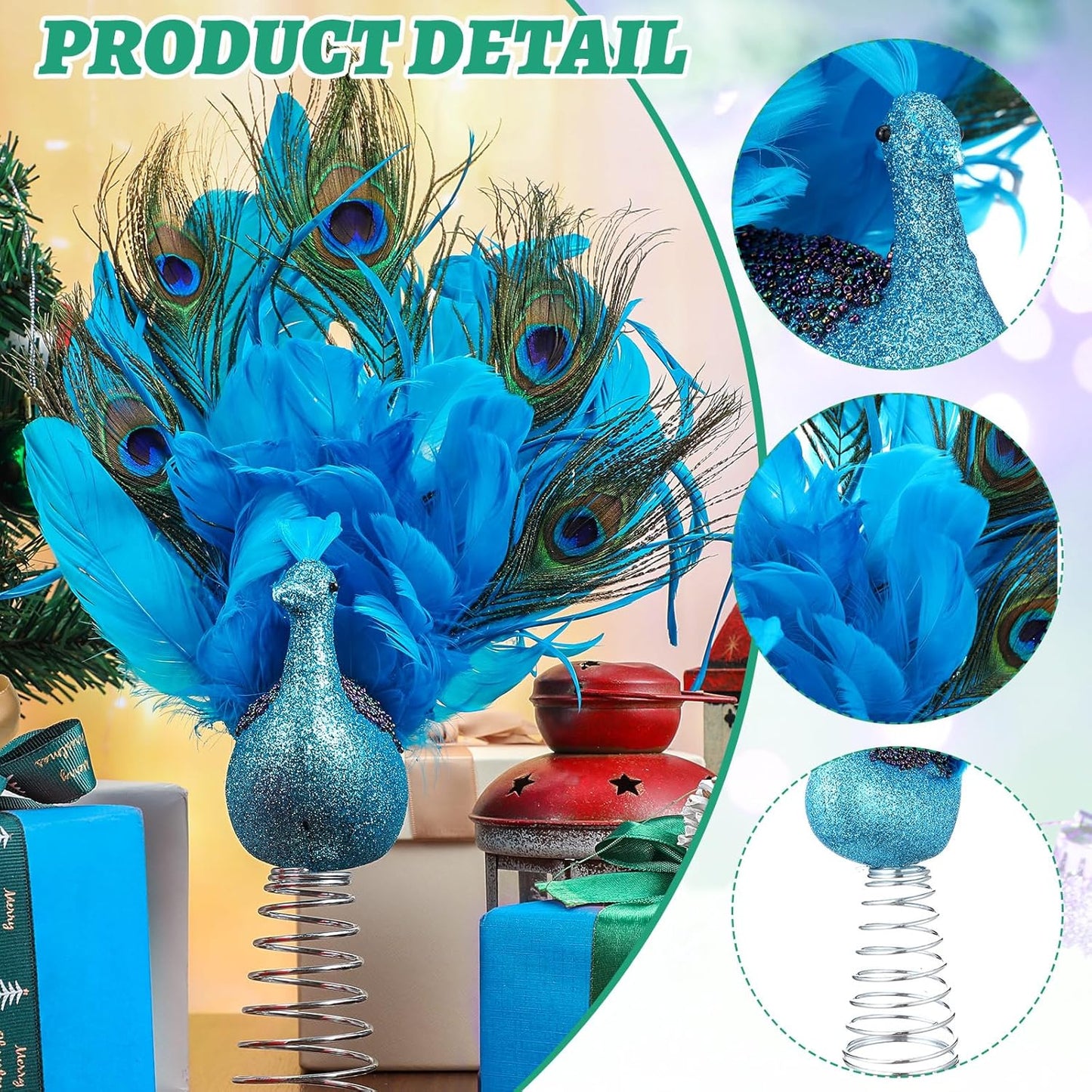 Retisee 15-Inch Christmas Peacock Tree Topper - Artificial Feather Glitter Blue Ornament for Indoor Outdoor Tree Home Decor