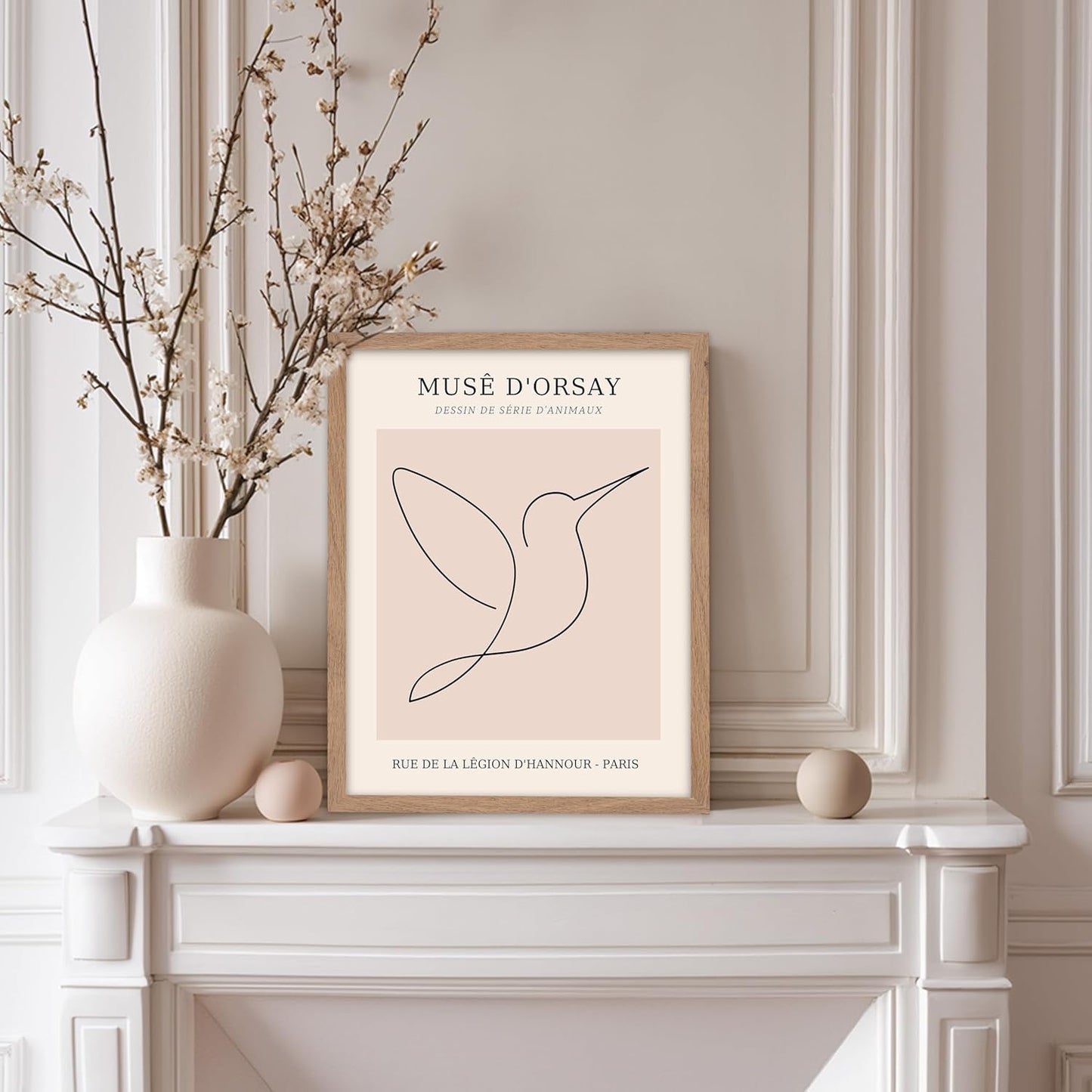 Poster Master Vintage Poster - Retro One Line Hummingbird Drawing Print - Bird Line Art - Minimal Gift for Him, Her, Animal Lover - Abstract Decor for Home, Office, 8x10 Beige Framed