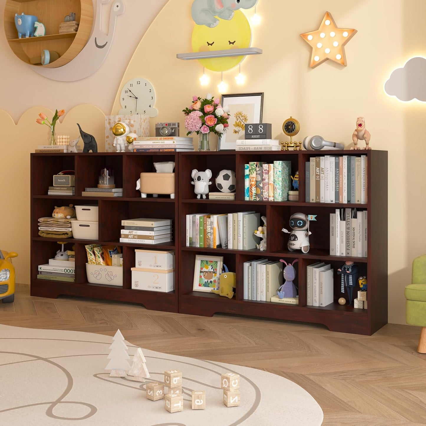 Book Shelf Set of 2, 8 Cubes Storage Organizer, 3-Tier Open Bookshelf Wooden Bookcase, Freestanding Cherry Bookshelf Cube Shelf for Living Room