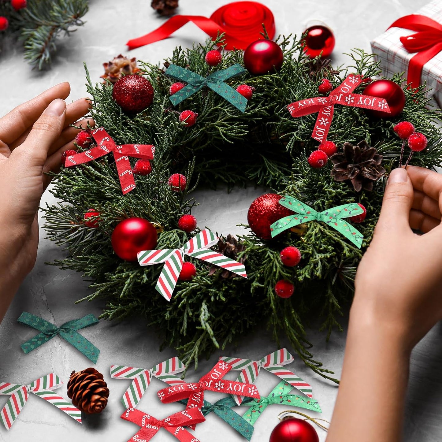 Syhood 150 Pcs Christmas Mini Bow Tiny Twist Tie Bow Handmade Craft Ribbon for DIY Sewing Party Decor (2 Inch,Classic)