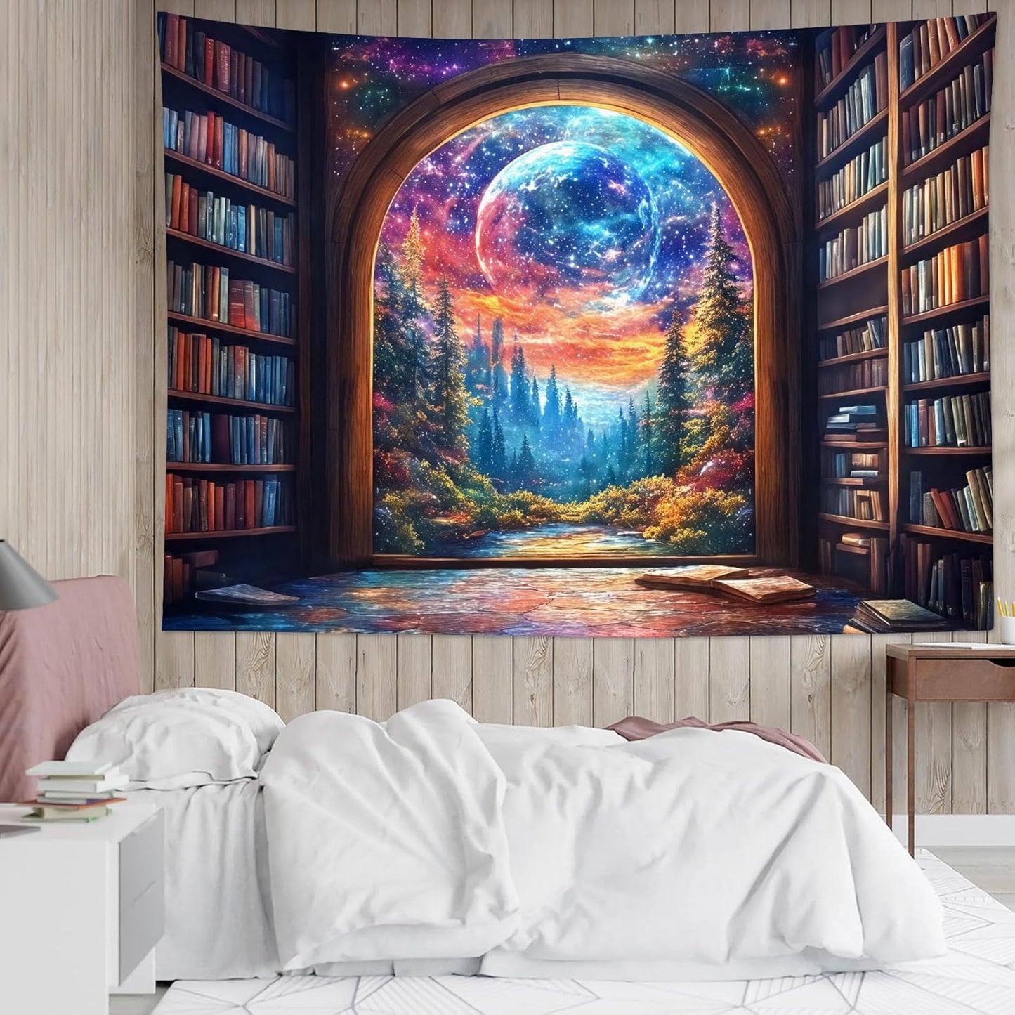 LB Fantasy Bookshelf Moon Tapestry, Trippy Tree and Vintage Library in Forest Wall Tapestry for Bedroom, Galaxy Cool Wall Art for Living Room Dorm Classroom Home Decor Ready to Hanging, 48 x 36 Inches