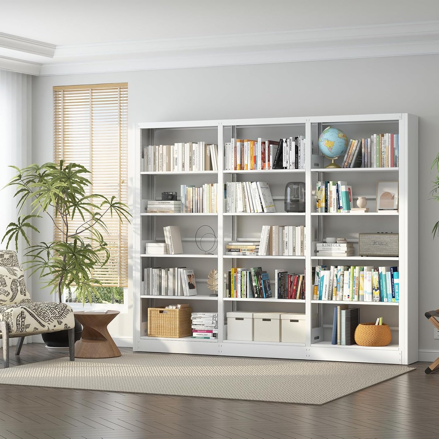 5-Tier Industrial Bookshelf, White Bookcases and Bookshelves,Tall Metal Book Shelf Storage Organizer,Freestanding Bookshelf for Living Room,Home Office (White, Shelf-3)