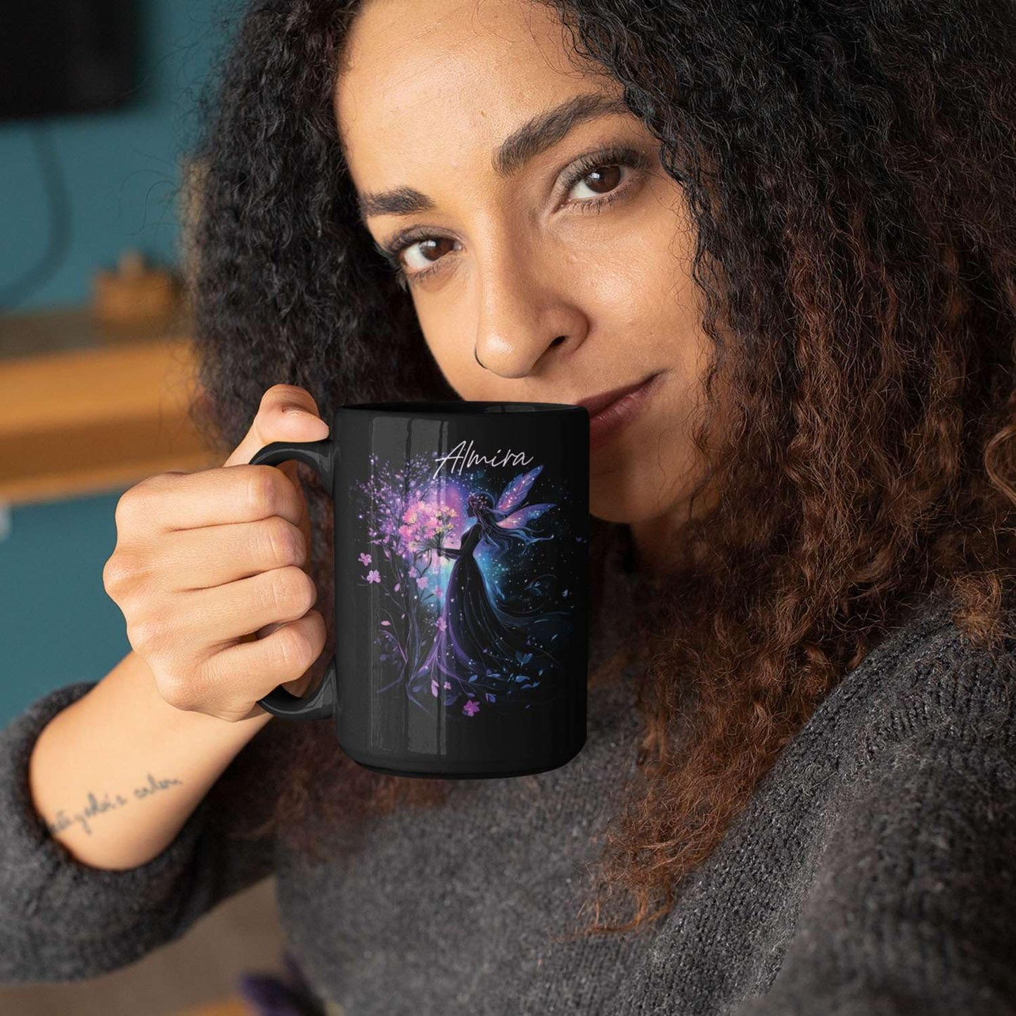 Personalized Beautiful Fairy Holding Flower Coffee Mug, Custom Name Ceramic Cup 11oz 15oz, Enchanted Fantasy Themed Mug, Custom Fairy Lovers Black Cup, Kids Mug, Elegant Fairy Mug