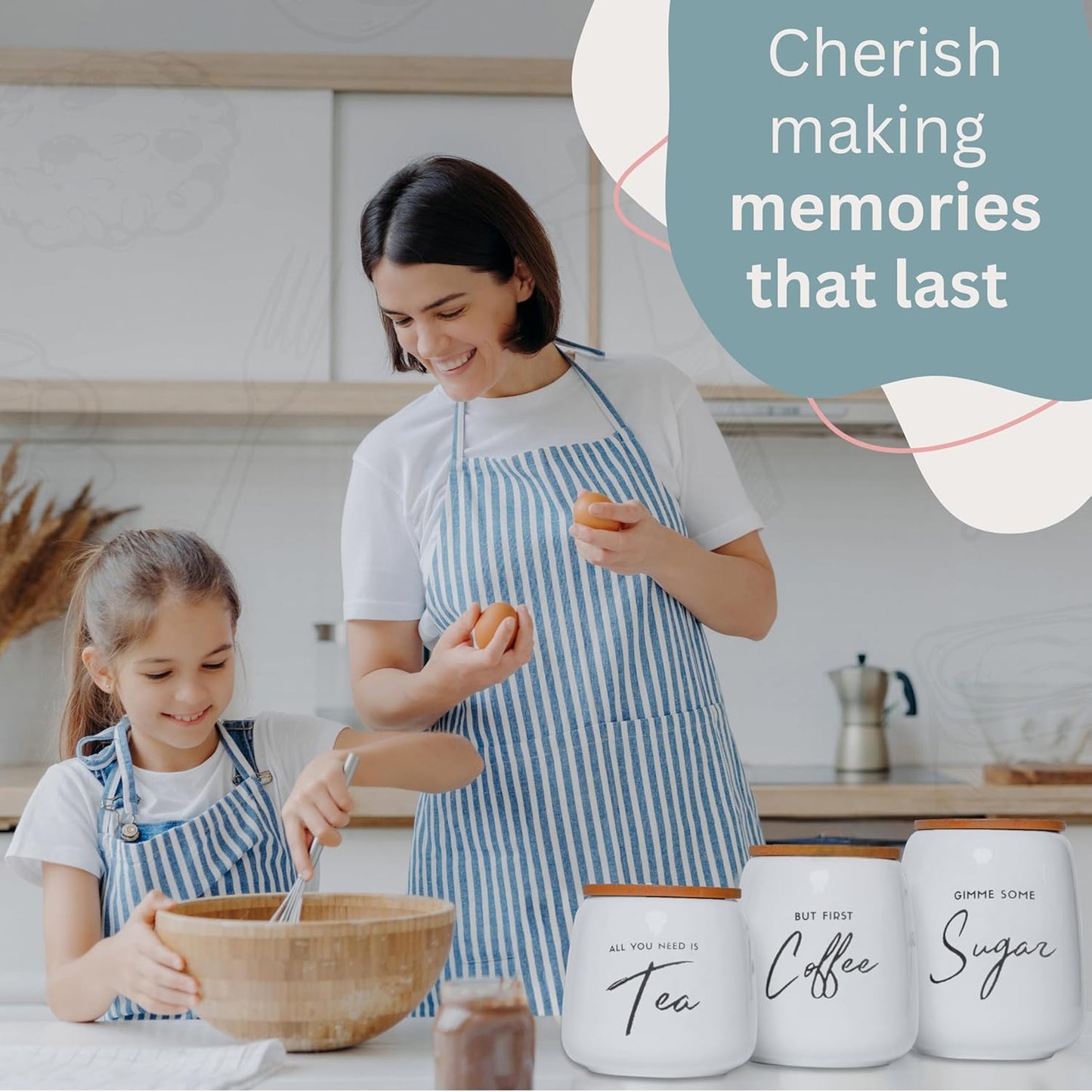 Coffee Tea and Sugar Ceramic Canister Set - 3-Piece Airtight Kitchen Canisters for Countertop - Coffee Bar Container Set