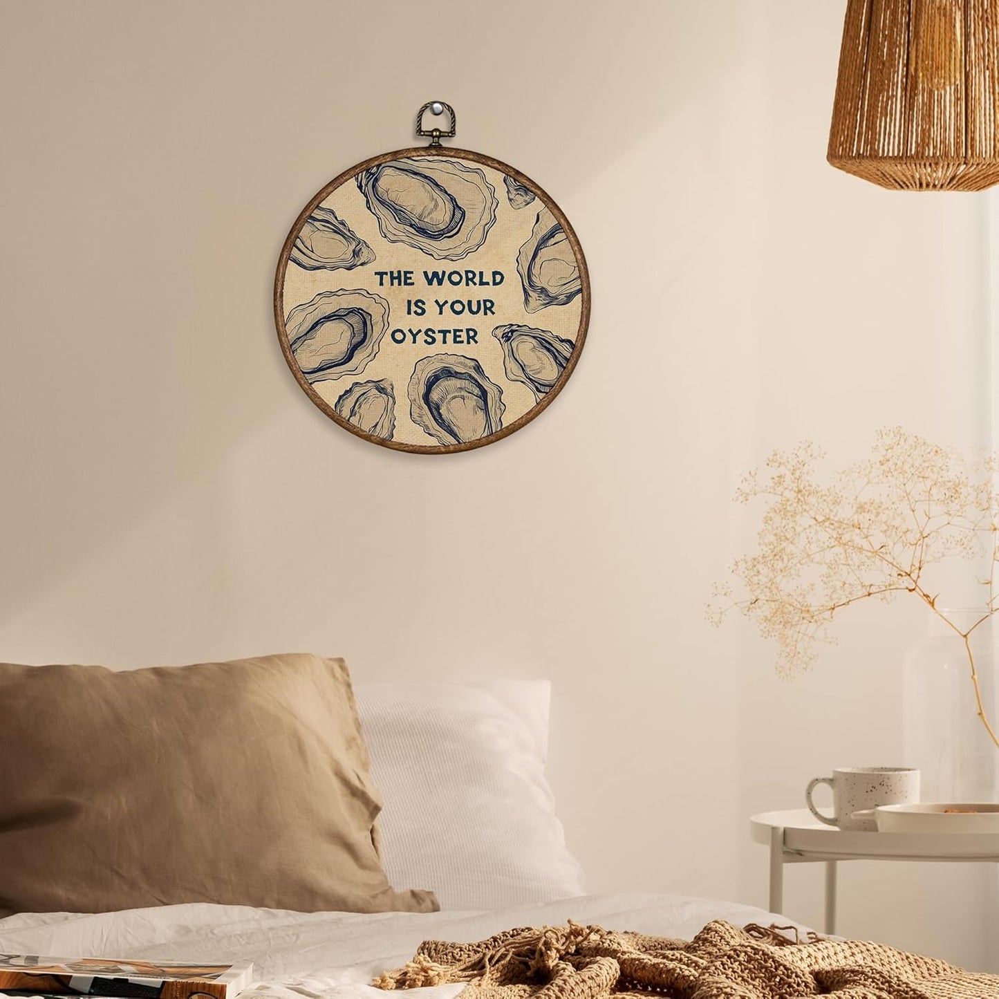 XBBMGG Oyster Wall Art Decor, Coastal Vintage Oyster Shell Round Wall Hanging Decor, Beach Ocean Nautical The World Is Your Oyster Framed Canvas Prints for Living Room Bathroom Decorations, 10x10inch