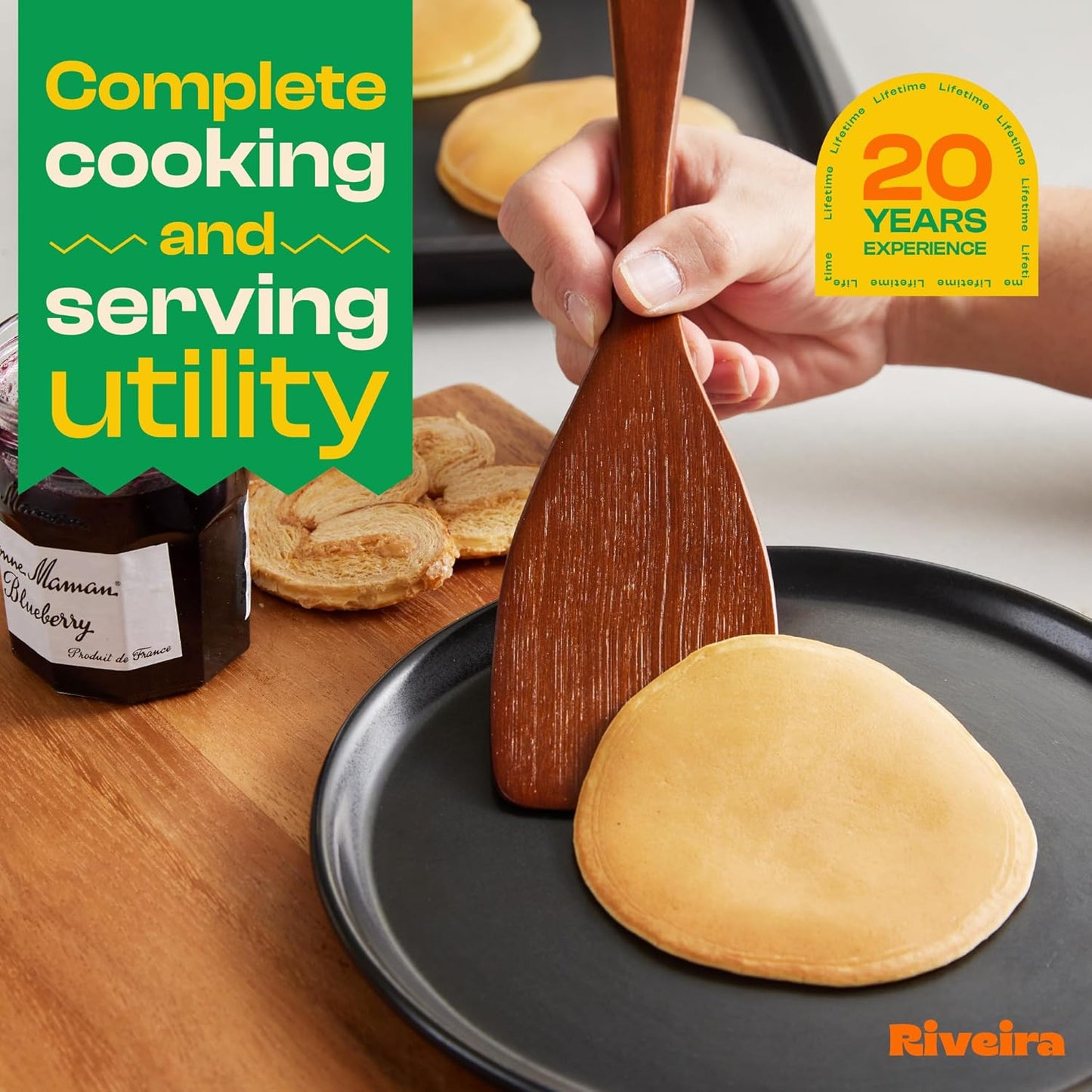 Riveira Set of 9 Premium Brown Bamboo Cooking Utensils - Bamboo Utensils for Cooking - Non-Toxic Utensils - Wooden Kitchen Set for Non-Stick Cookware