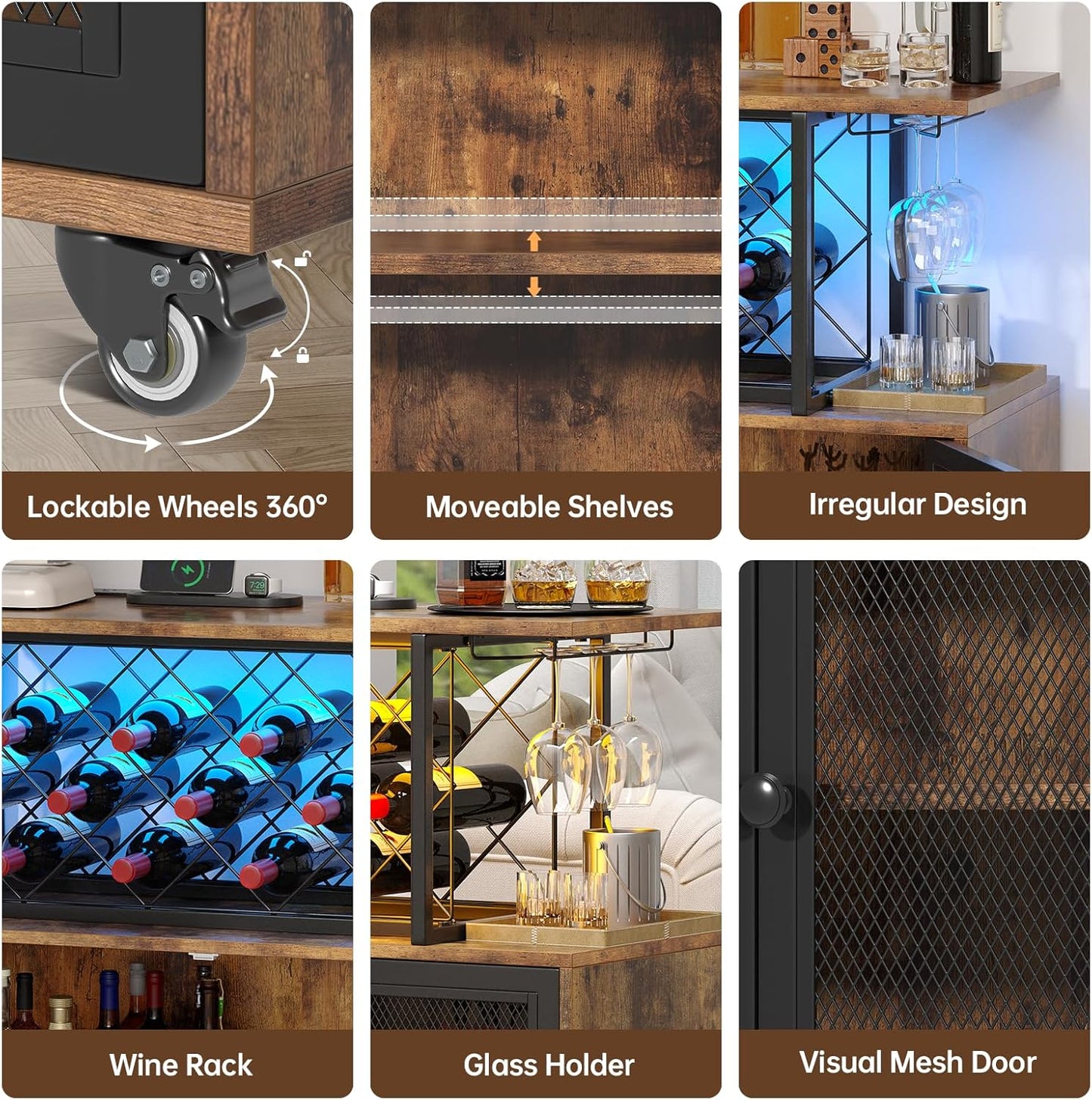 Wine Bar Cabinet with Wheels, 4-Tier Bar Cart with Power Outlets and LED Light, Liquor Cabinet Home Mini Bar with Wine Rack, Coffee Bar Cabinet for Liquor, Rustic Brown