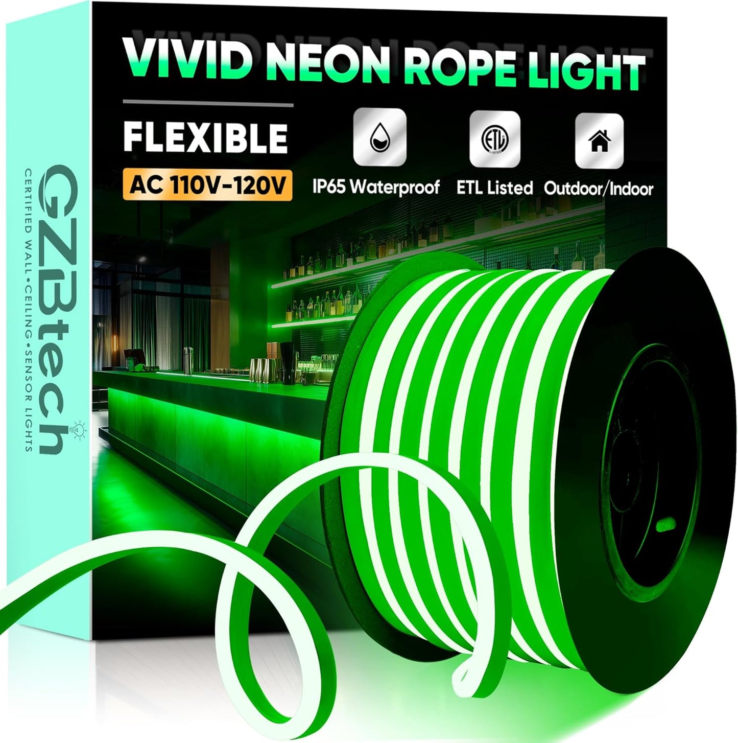 GZBtech Flexible LED Neon Rope Lights 50FT,AC 110-120V Waterproof Strip Light, 120 LEDs/M Cuttable Connectable Neon Lighting for Indoor Outdoor Home Decor/Commercial Building Use-Green 15M