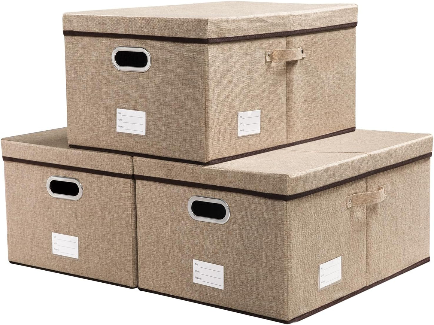 PRANDOM Storage Bins with Lids [3-Pack] Jute Fabric Foldable Storage Boxes Organizer Containers Baskets Cube with Cover for Home Bedroom Closet Office Nursery khaki（23.4X15.9X11.5