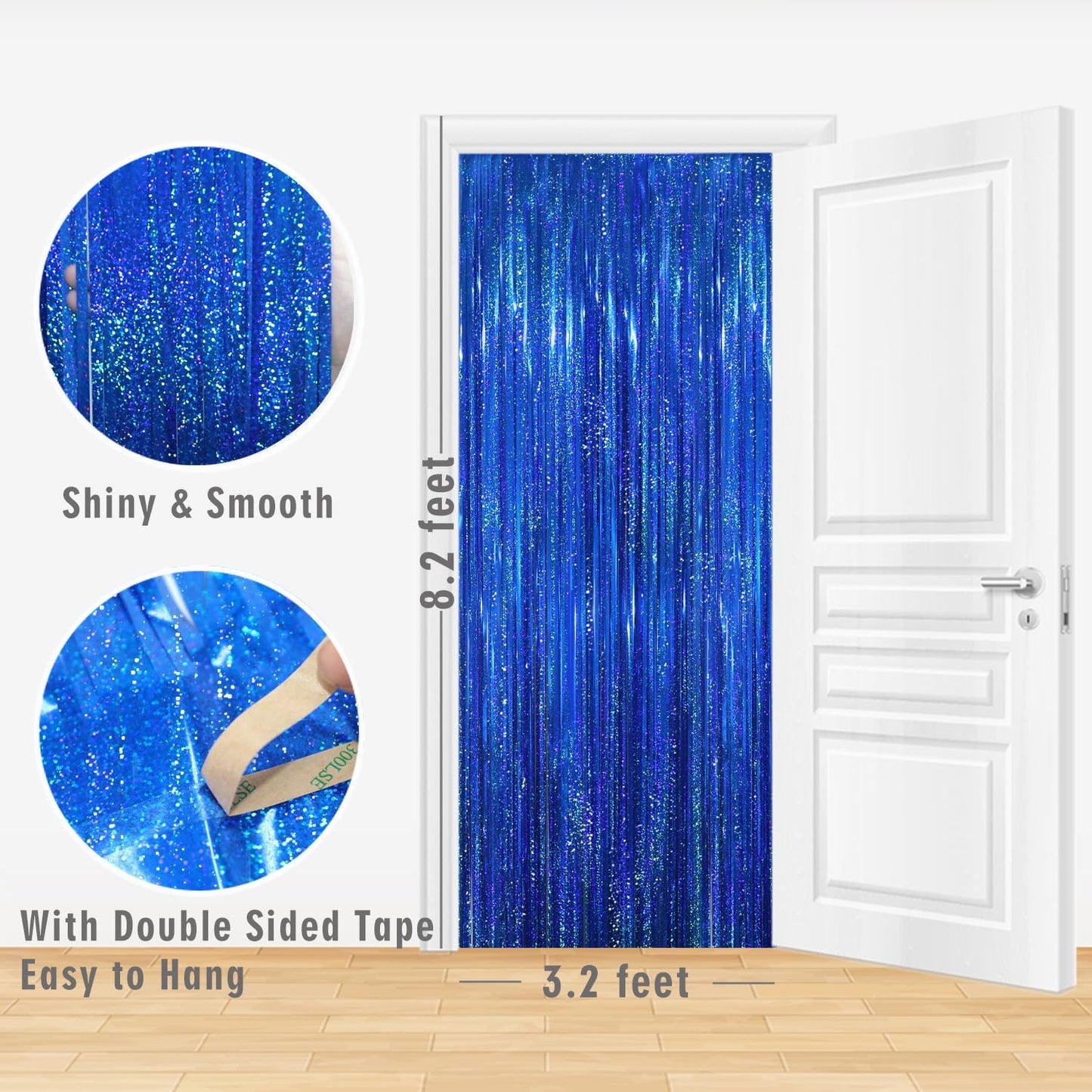 GOER 3.2 ft x 8.2 ft Metallic Tinsel Foil Fringe Curtains Party Photo Backdrop Party Streamers for Birthday,Graduation,New Year Eve Decorations Wedding Decor(5 Packs,Shiny Blue)