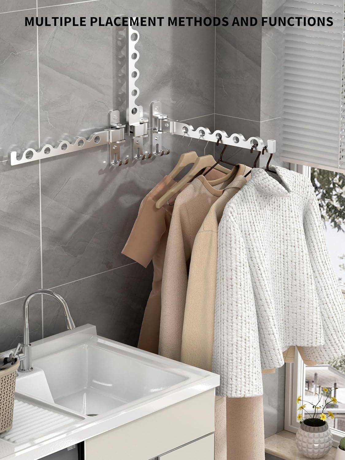 Dr.DJ Wall Hanger for Clothes, Coat Hanger Wall Mounted Silver Retractable Clothes Drying Organizer Rack Garment Hooks Aluminium Folding Indoor Space Save (2 Racks) Silver