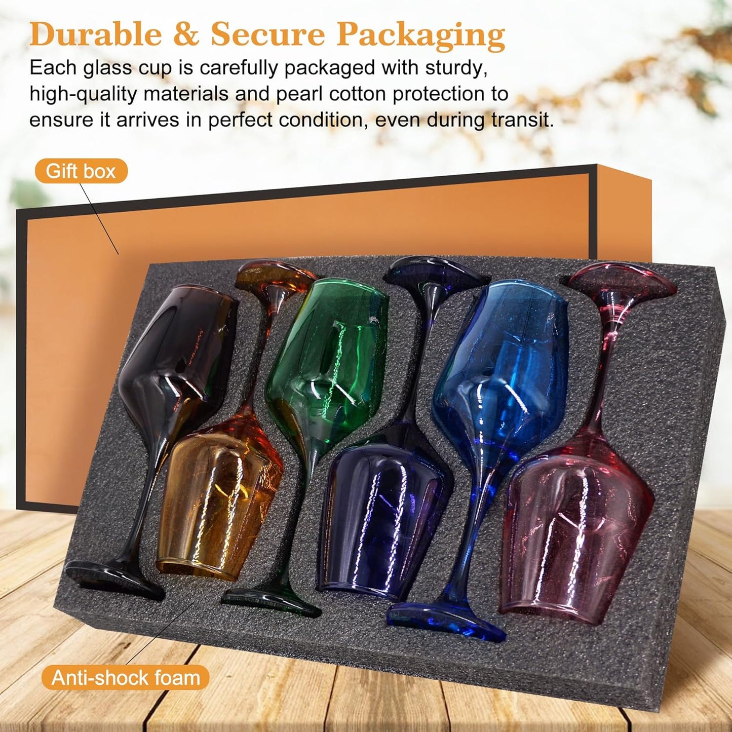 Colored Wine Glasses Set of 6-12oz Colorful Long Stem Wine Glass Cups, Multi Color Pretty Crystal Glassware, Hand Blown Goblets Drinkware, Unique Drinking Stemware Holiday Gift Set for Women