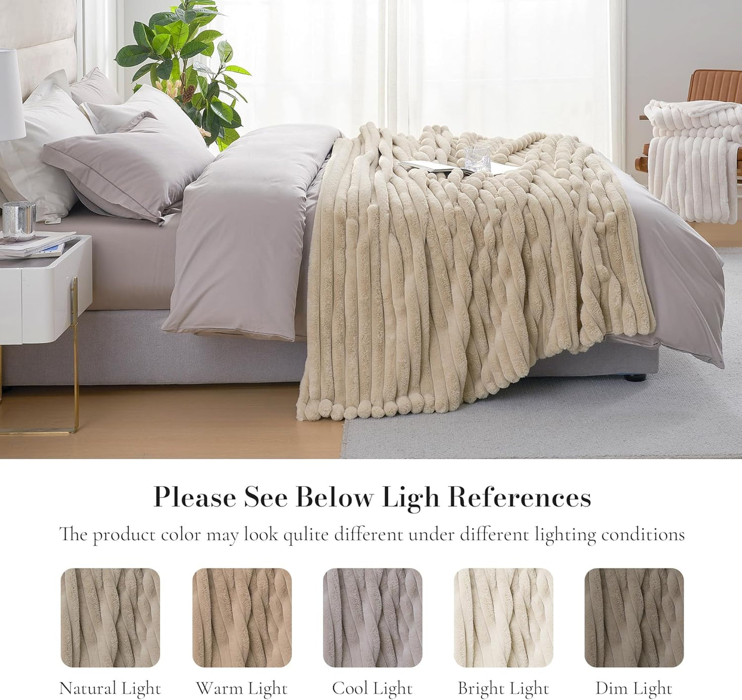 Amélie Home Faux Fur Throw Blanket for Couch, Cozy Fuzzy Fluffy Fur Luxurious Soft Striped Plush Gift Blankets for Family Sofa Chair Bed Living Room Bedroom, 60"x80", Beige