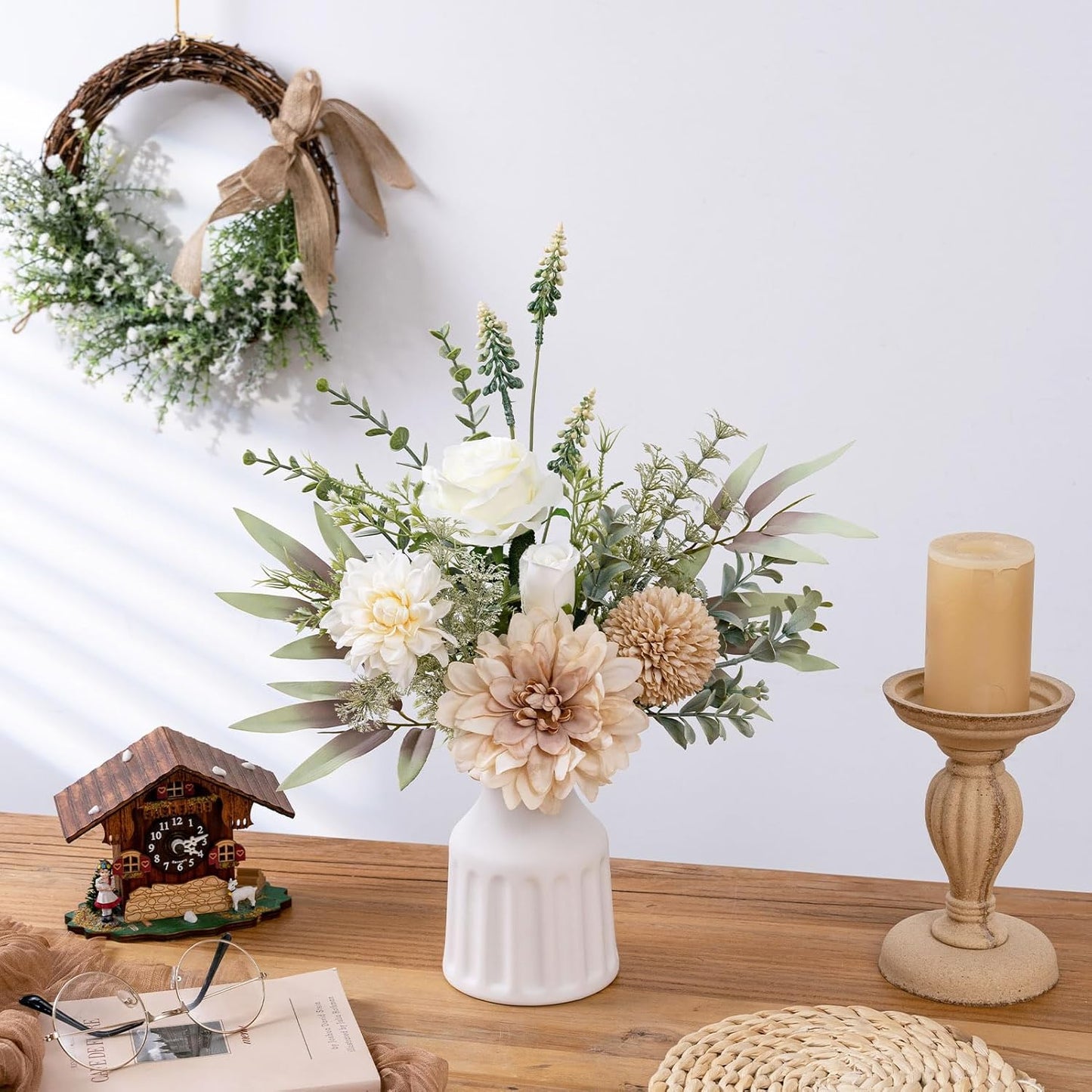 Fake Flowers in Vase, Artificial Flowers with Vase, 15.7'' Floral Arrangements for Dining Table Centerpiece Decor, Silk Roses & Faux Dahlia Bouquet for Farmfouse Kitchen Coffee Table Decor (Brown)