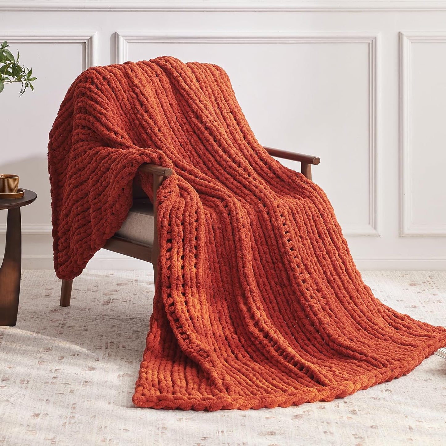 Chunky Knit Throw Blanket, 30''*40'' Fall Throw Blanket Knitted Chenille Yarn for Bed Couch, Handmade Orange Crochet Big Thick Blanket, Machine Washable Cute Comfy Blankets for Home Decor