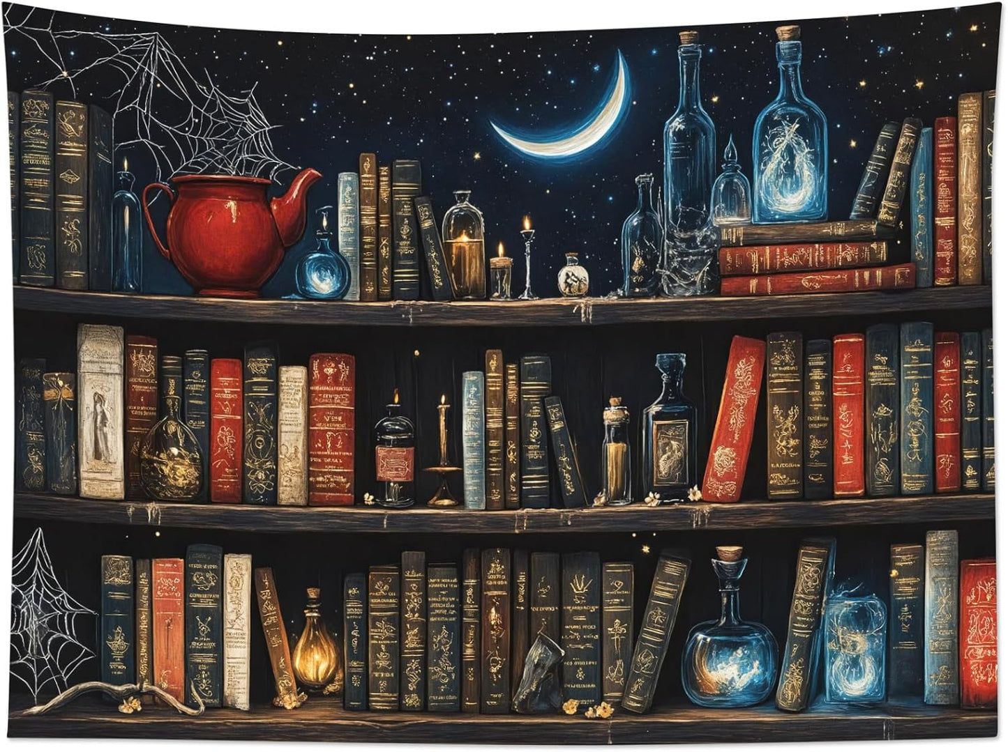 LB Fantasy Bookshelf Tapestry, Horror Spider and Vintage Book with Moon Wall Tapestry for Bedroom Aesthetic, Trippy Galaxy Wall Art for Living Room Dorm Home Decor Ready to Hanging, 59 x 51 Inches