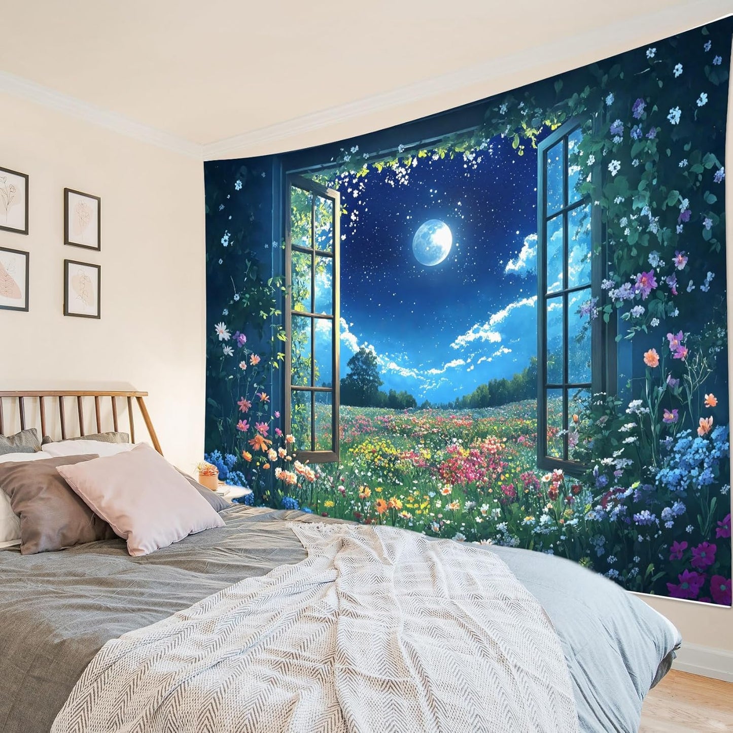 LB Wildflower Moon Tapestry, Window Forest Plant Green Leaf and Garden Colorful Floral Wall Tapestry for Bedroom, Night Sky Wall Art for Living Room Dorm Home Decor Ready to Hanging, 60 x 40 Inches