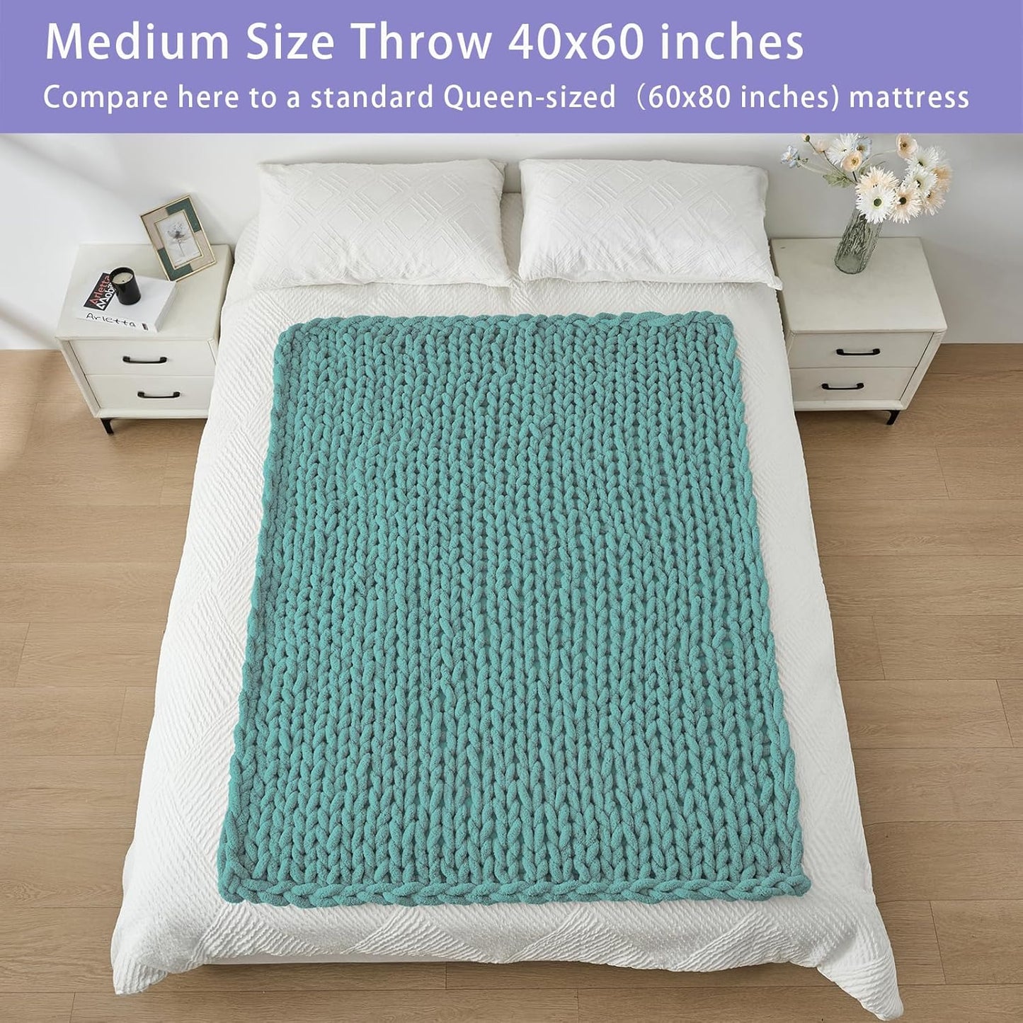 Bigacogo Chunky Knit Throw Blanket for Couch, 40x60 inches, 100% Hand Knitted with Thick Jumbo Chenille Yarn, Cozy Soft Large Rope Knot Cable Crochet Blankets for Sofa Bed Living Room, Light Teal
