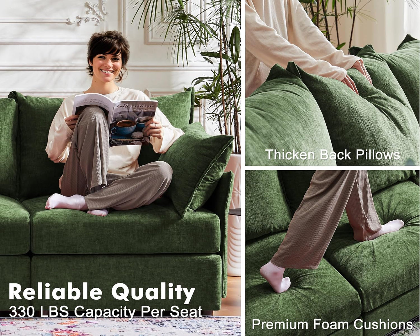 102.6" U Shaped Modular Sectional Sofa, 5 Seater Couch with Storage Ottoman Deep Seat and High Backrest with Removable Cover for Living Room, Apartment - Chenille Green