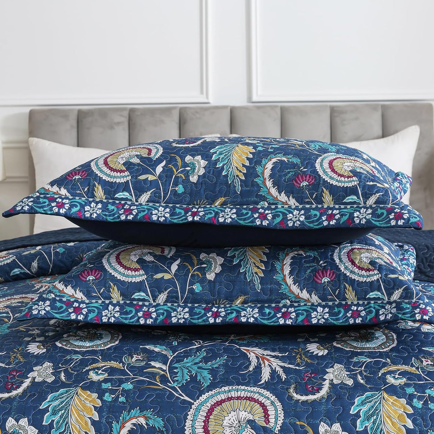 NEWLAKE Quilt Set Queen Size, Bedspread Sets Blue Botanical Floral Patterns, Reversible Quilt Bedding Set Lightweight and Breathable for All Seasons, Soft Quilted Bedspread with 2 Pillow Shams