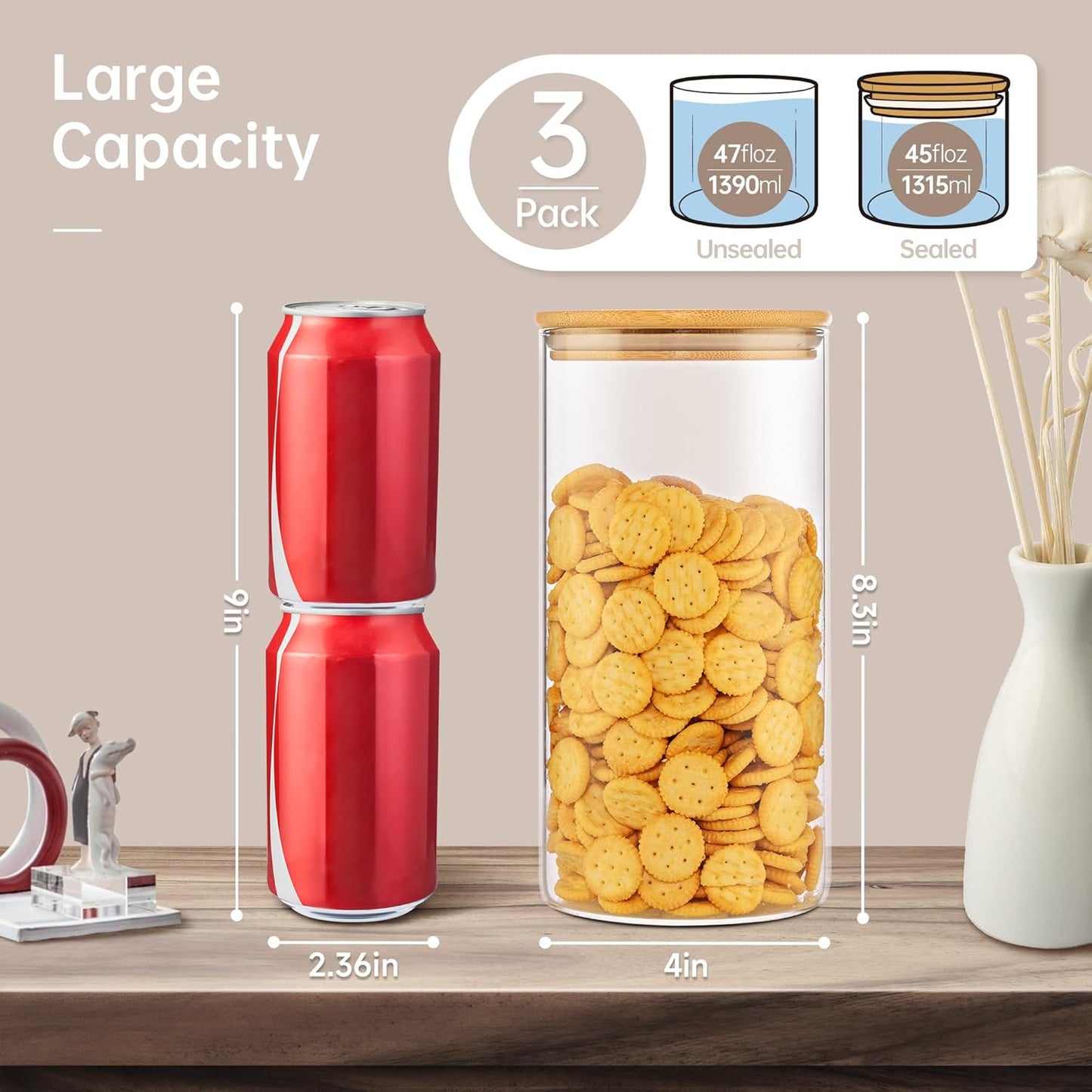 45oz - 3 Pack Glass Jars with Bamboo Lids, Glass Pantry Storage Containers with Airtight Lids, Round Air Tigh Food Storage Canisters for Cereal, Pasta, Flour, Sugar, Rice, Best for Kitchen Organizer