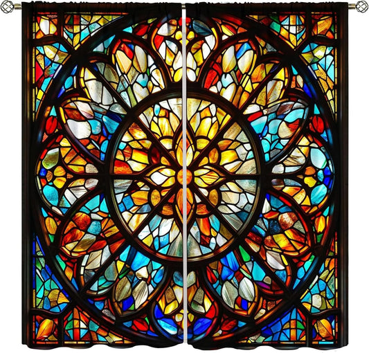 Stained Glass Curtains,Retro Mid Century Abstract Colorful Geometric Prints Home Decor Drapes for Bedroom Living Room Kitchen Window Treatment 2 Panels Set Total Size 42" W X 54" L Inch