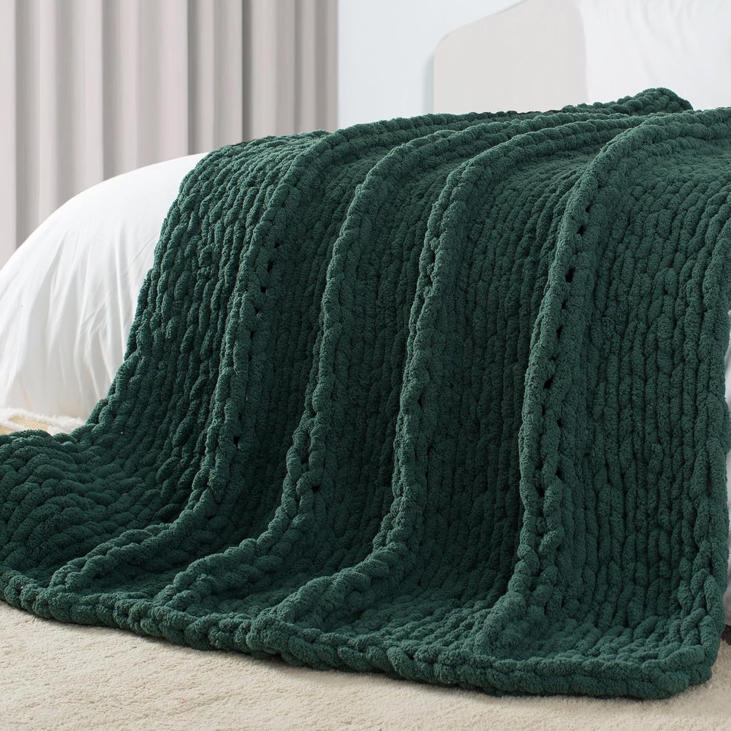 Carriediosa Chunky Knit Throw Blanket 60" X 80" Twin, 100% Hand Made Large Chenille Loop Yarn Soft Fluffy Throws for Couch Sofa Bed, Big Crochet Cozy Heavy Thick Cable Woven Blankets, Dark Green