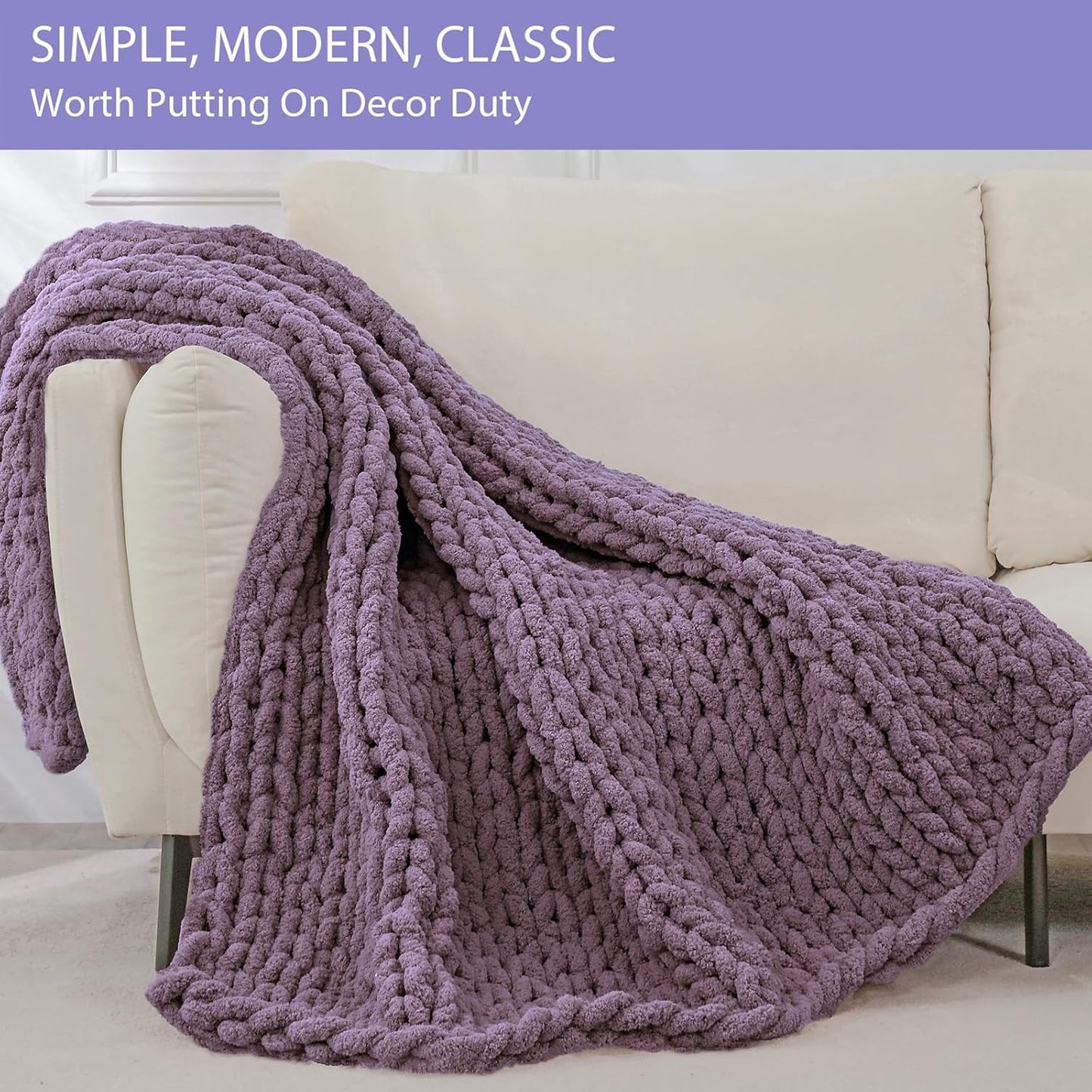 Bigacogo Chunky Knit Throw Blanket for Couch, 51x63 inches, 100% Hand Knitted with Thick Jumbo Chenille Yarn, Cozy Soft Large Rope Knot Cable Crochet Blankets for Sofa Bed Living Room, Winter Grape