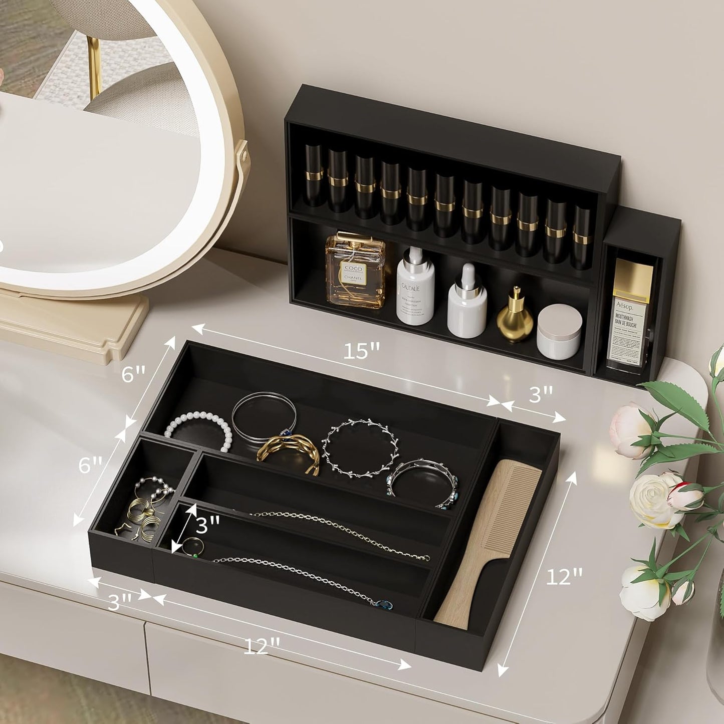 Kitchen Drawer Organizer Bins, Black Bamboo Drawer Organizer Stackable for Silverware, Utensils, Cutlery, Flatware, for Junk Drawer, Dresser, Bathroom, 12" x 3" x 2.5" (Set of 2)