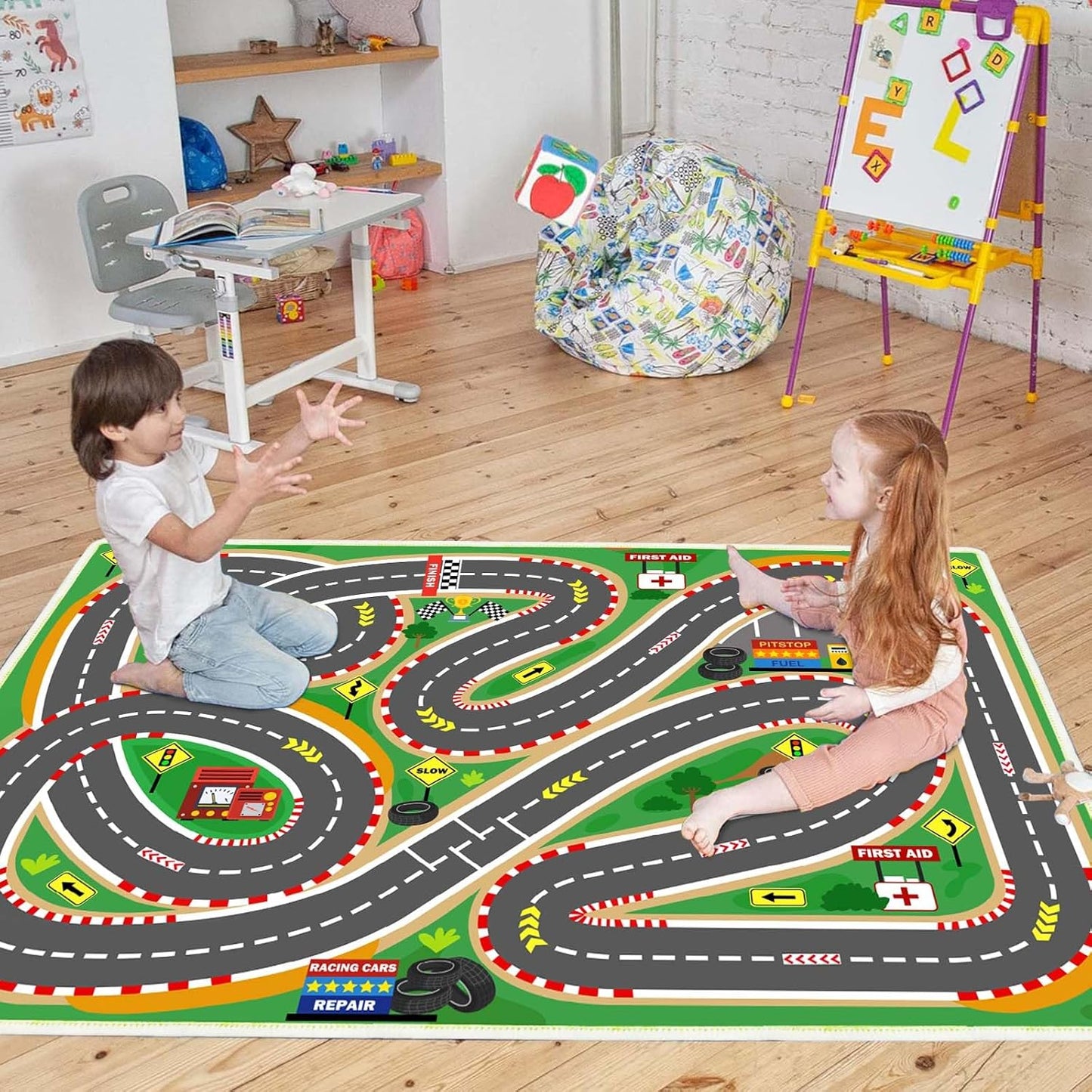 Kids Rug Race Track Play mat Playroom Rug Car Rugs for Kids Toy Cars Road Rugs for Kid Classroom (Race-Green, 2.6x3.9ft)