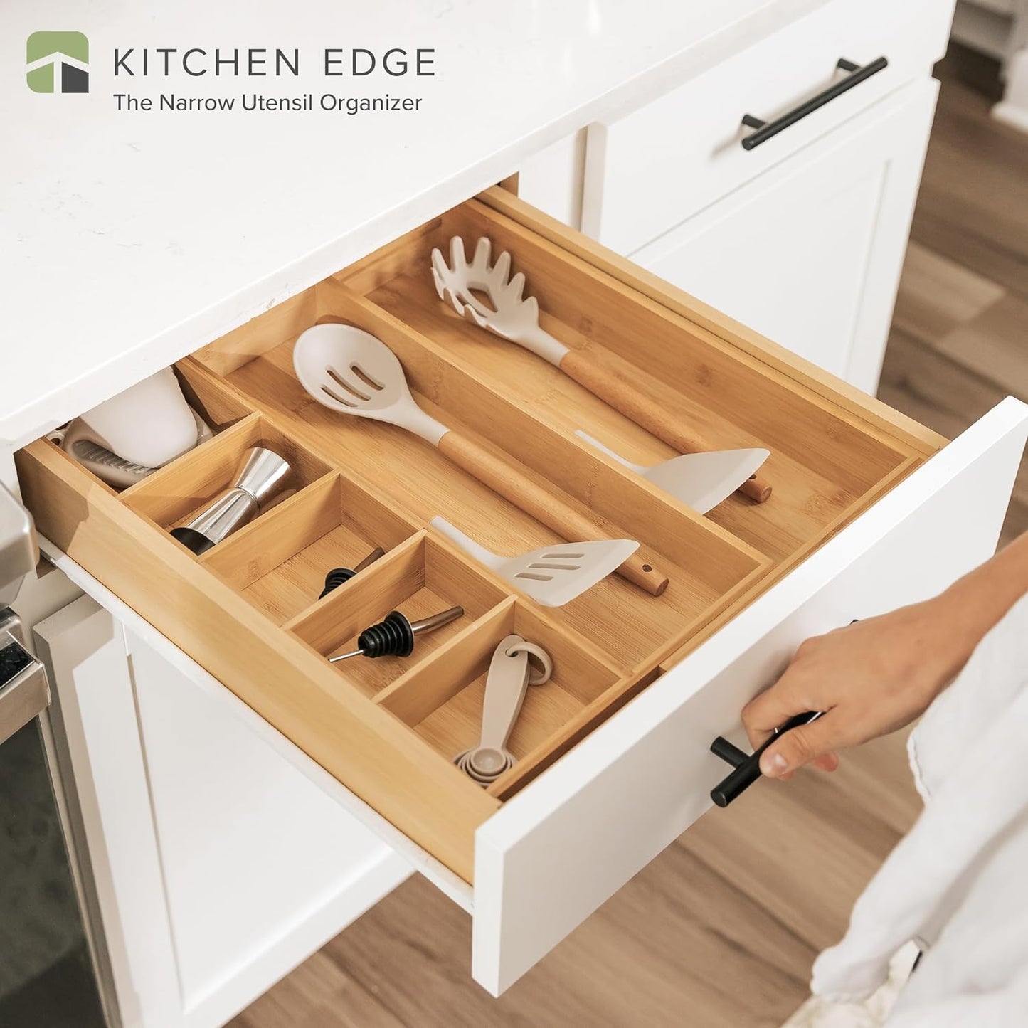 Adjustable Kitchen Drawer Organizer for Utensils and Junk, Food-Safe Contract Grade with 100% Sustainable Wood, Expandable from 10.5 to 19 Inches Wide - Natural Bamboo