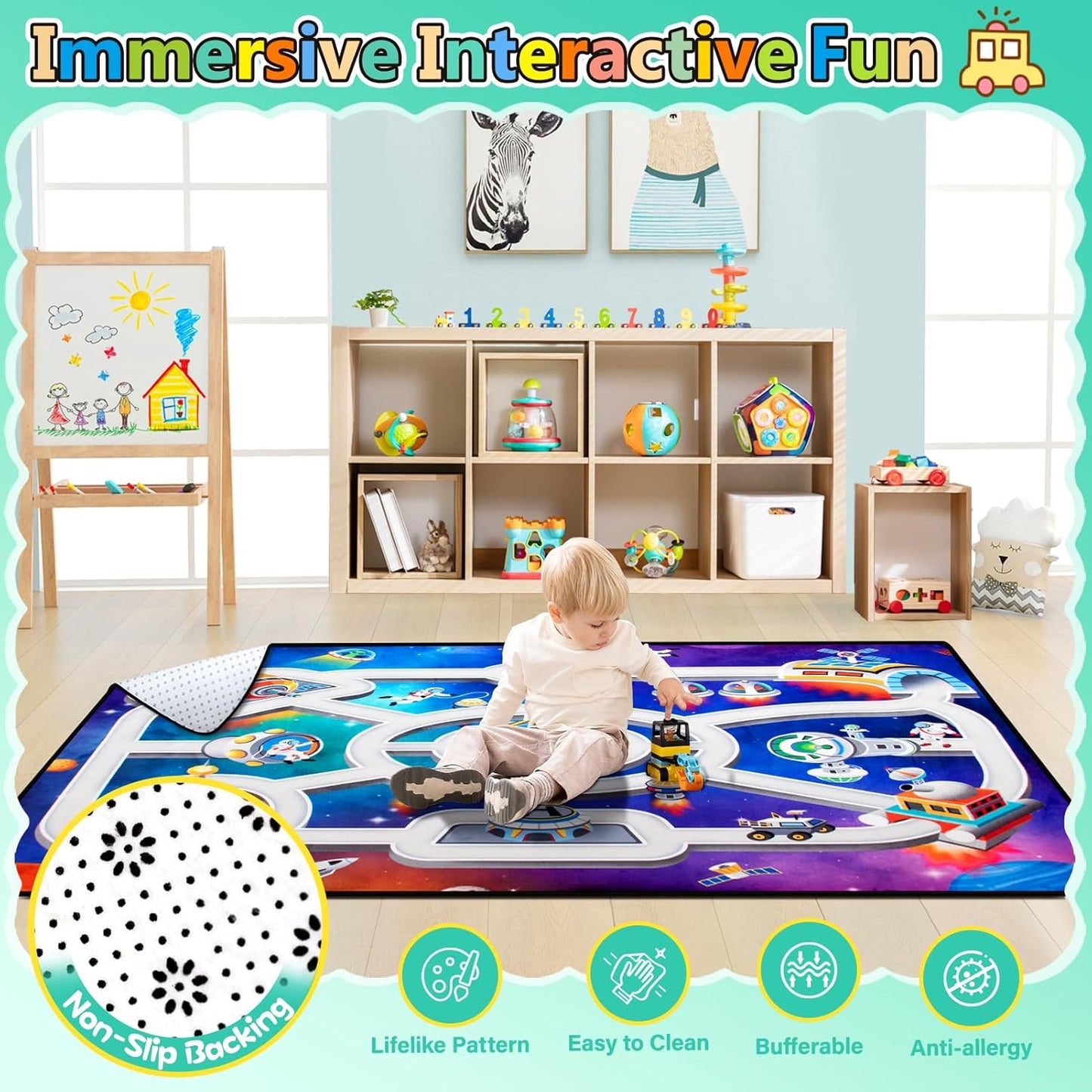 Kids Rug, Space Themed Baby Play Mat, 4x6 Ft Playroom Rug, Colorful Cartoon Outer Space, Planet, Rocket, Spaceship Road Carpet for Playroom, Educational Learning Carpet for Kids Mat