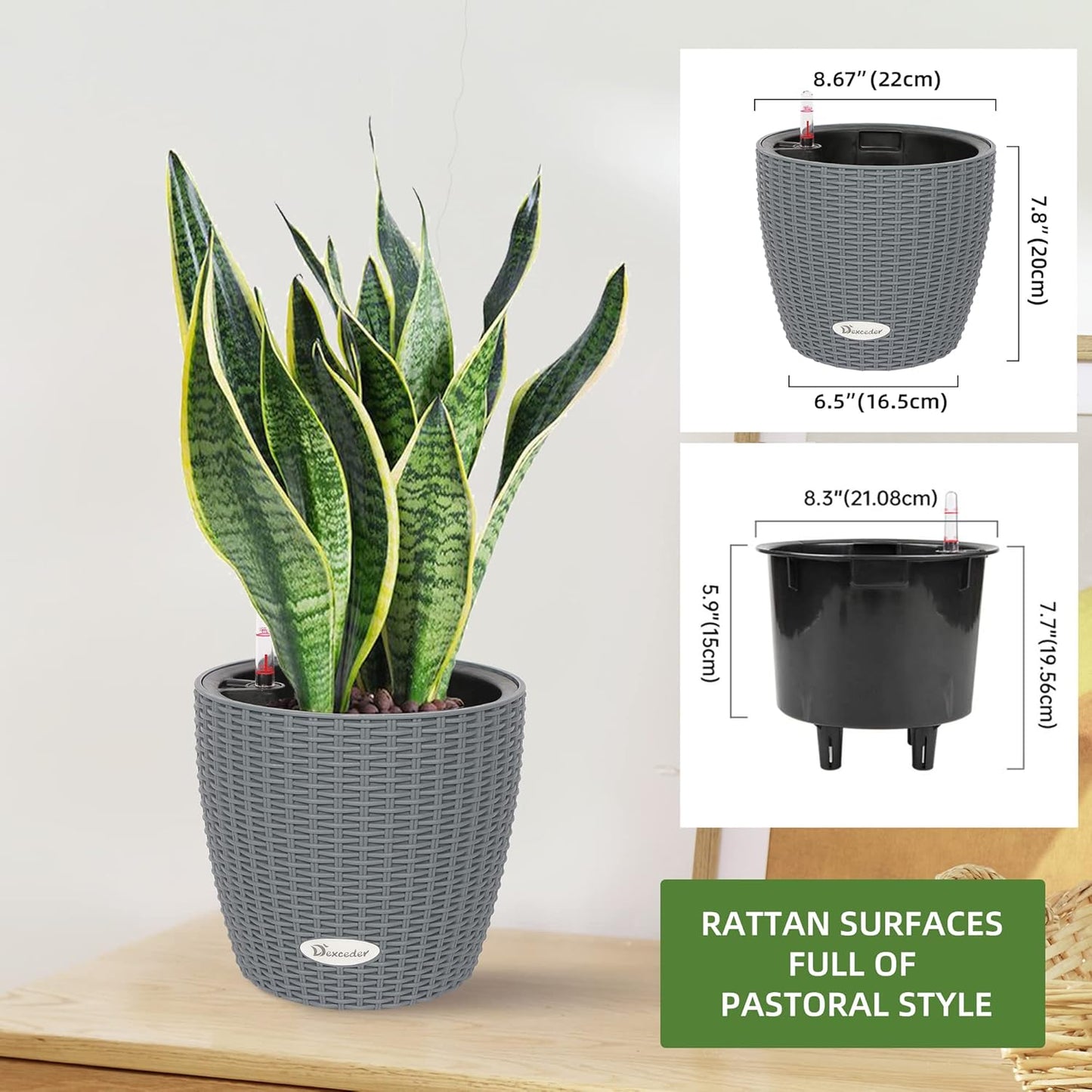 Dexceder 9x8 Inches Rattan Self Watering Planter Indoor Outdoor, Inner Pot Design, Thickened Table Flower Plant Pot with Water Level Indicator (Deep Gray)