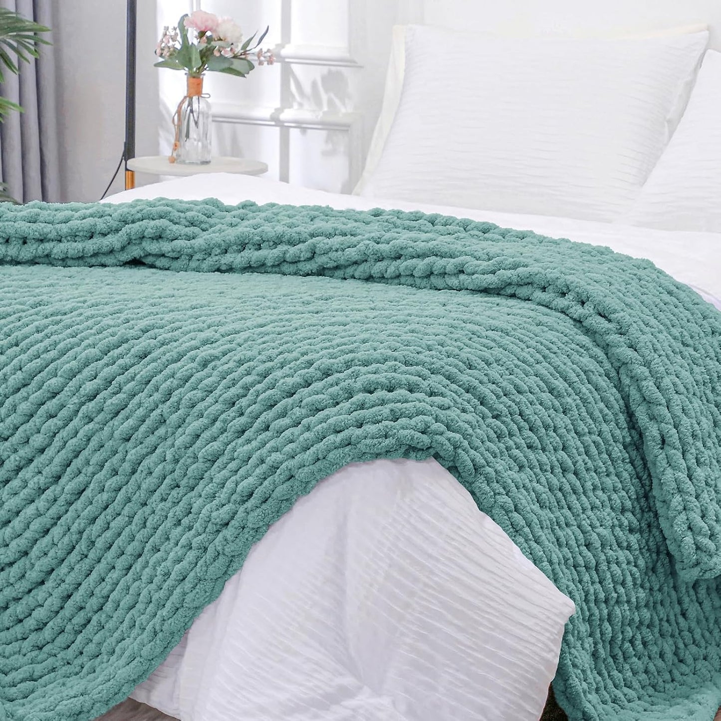 Bigacogo Chunky Knit Throw Blanket for Couch, 51x63 inches, 100% Hand Knitted with Thick Jumbo Chenille Yarn, Cozy Soft Large Rope Knot Cable Crochet Blankets for Sofa Bed Living Room, Light Teal