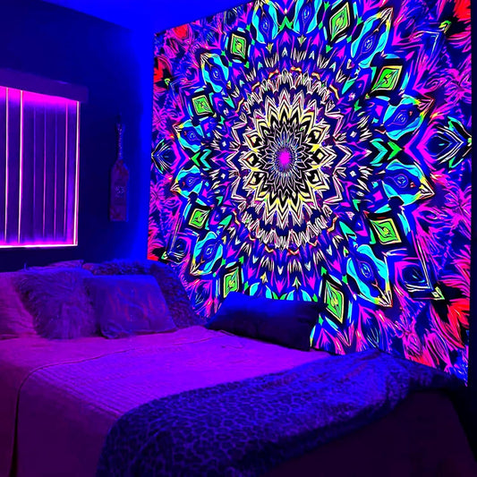 PSYHILAR Blacklight Mandala Tapestry for Bedroom, Medium Black Light Posters for Adults and Teens, Colorful UV Reactive Aesthetic Bohemian Wall Art Decor (60 x 50 Inches)