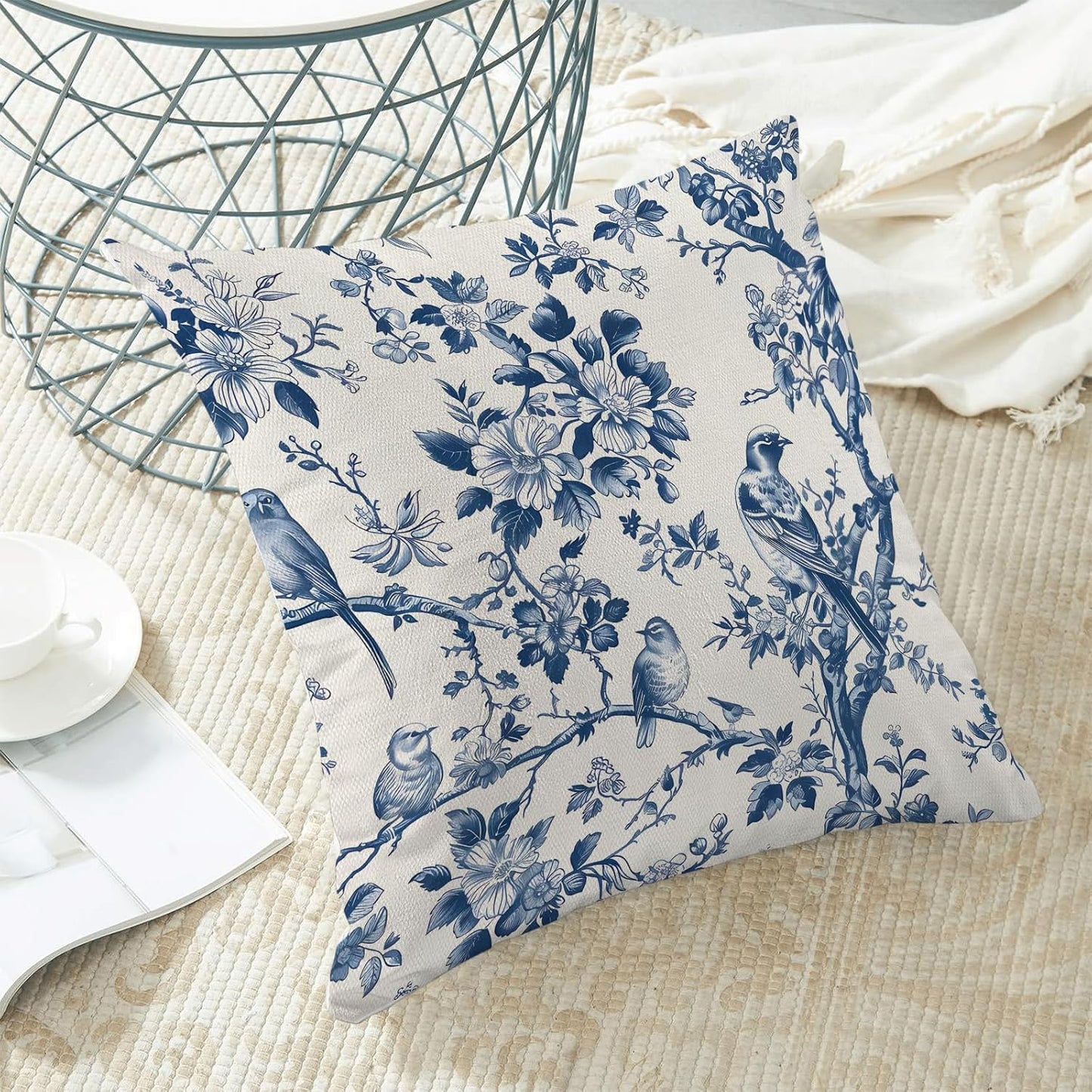Navy Blue Spring Floral Pillow Covers 18 x 18 Inch Set of 2 for Vintage Chinoiserie Flowers Bird Decor Throw Pillows Plant Farmhouse Outdoor Decorative Cushion Cases for Couch Bed Decorations