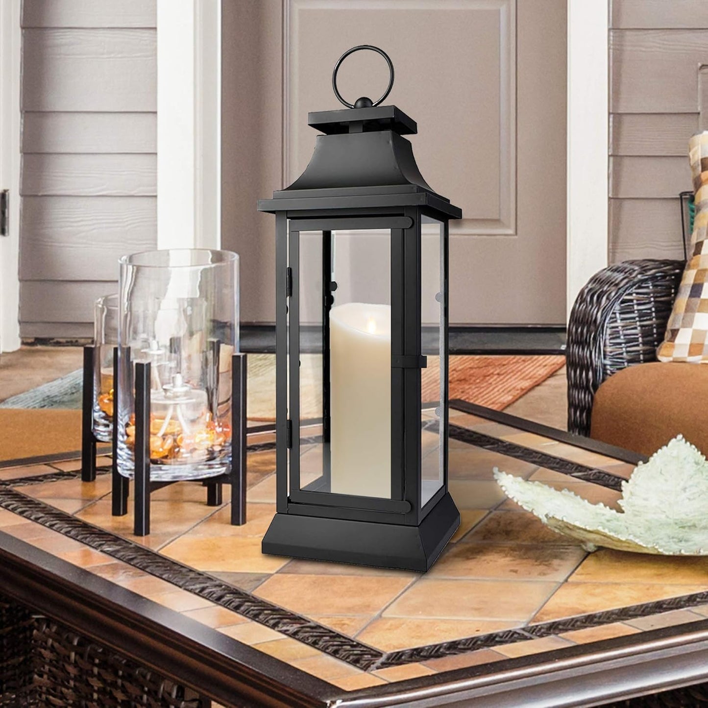 Serene Spaces Living Black Metal Hurricane Lantern with Clear Glass – 15" Tall, 5" Square. Versatile Hanging/Tabletop Candle Holder for Weddings, Parties, Indoor & Outdoor Home décor.