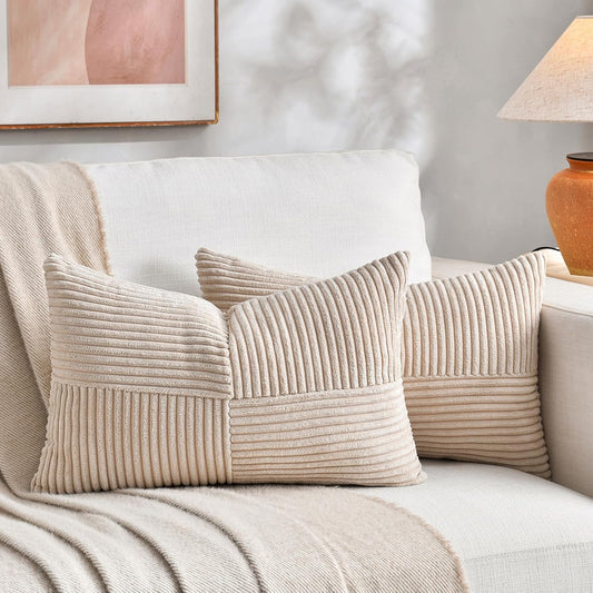 Fancy Homi 2 Packs Tan Lumbar Decorative Throw Pillow Covers 16x32 Inch for Living Room Couch Bed Sofa, Boho Home Decor, Soft Striped Corduroy Rectangle Accent Beige Cushion Case 40x80 cm
