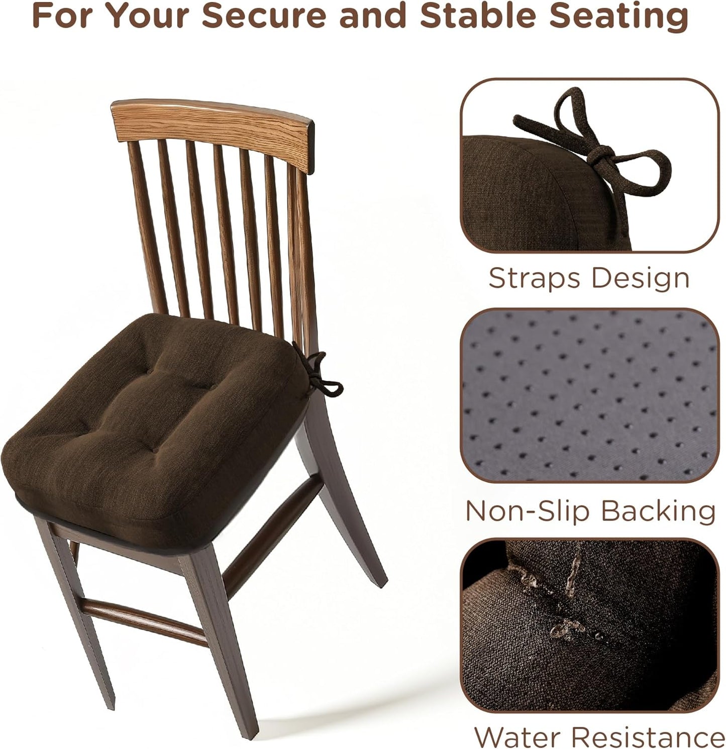 Codi Dining Chair Cushions 2 Pack, Thick Chairs Pads for Indoor Kitchen Room - Washable, Non-Slip Memory Foam Seat Cushion with Ties, 16.5"x16.5"x 3.5", Set of 2, Brown