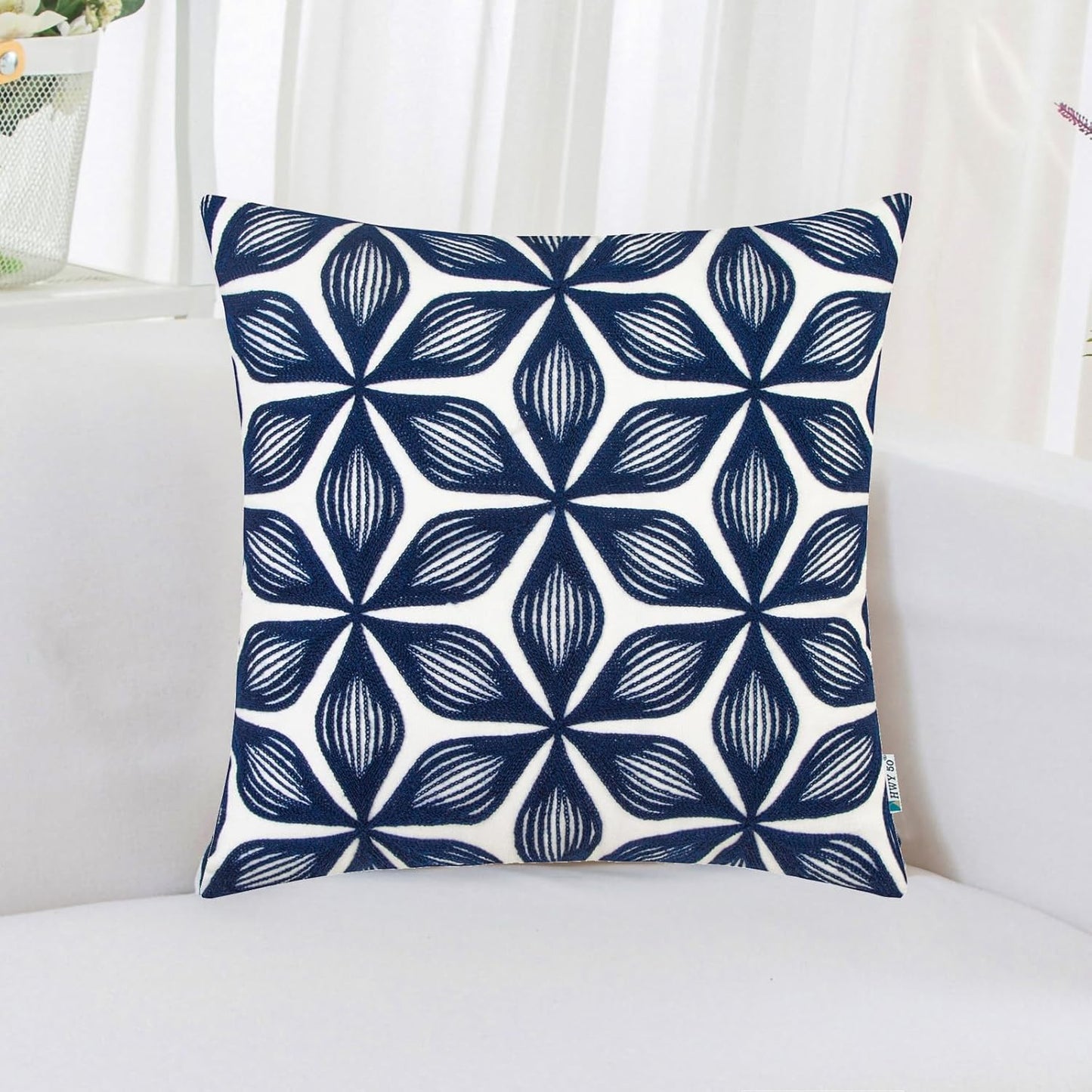HWY 50 Navy Blue Decorative Throw Pillow Covers 18x18 Inch (1 Piece), Embroidered Cotton Farmhouse Cushion Cover Pillow Case for Sofa Couch Living Room Bed, Fashion Geometric