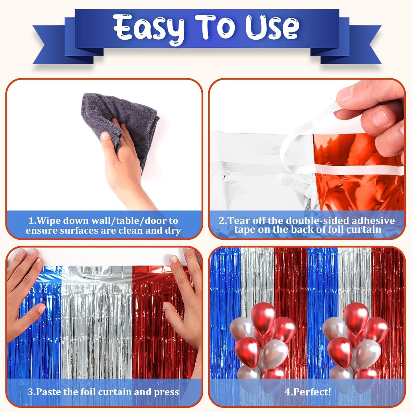 3 Pack 3.3 x 8.2 ft Blue Red Silver Foil Fringe Backdrop Curtains, Tinsel Streamers Party Decorations, Fringe Backdrop, Door Shimmer for Independence Day or Birthday Party