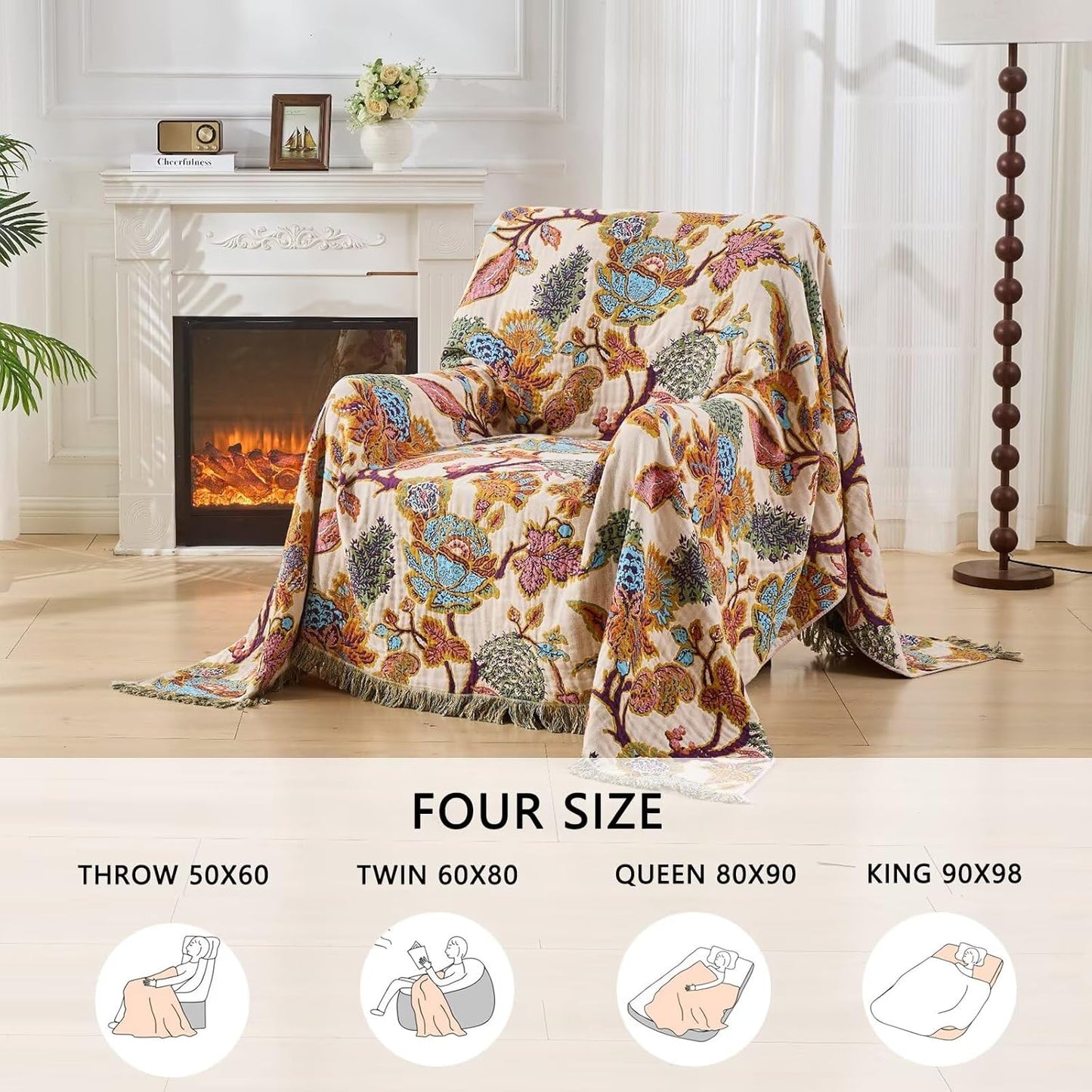 Boho Throw Blanket for Bed, Sofa,Cozy Lightweight Fall Blanket,100% Cotton Southwestern Farmhouse Floral Decor, Reversible Rustic Blanket, Chair, Picnic Throw Blanket,50"x60"
