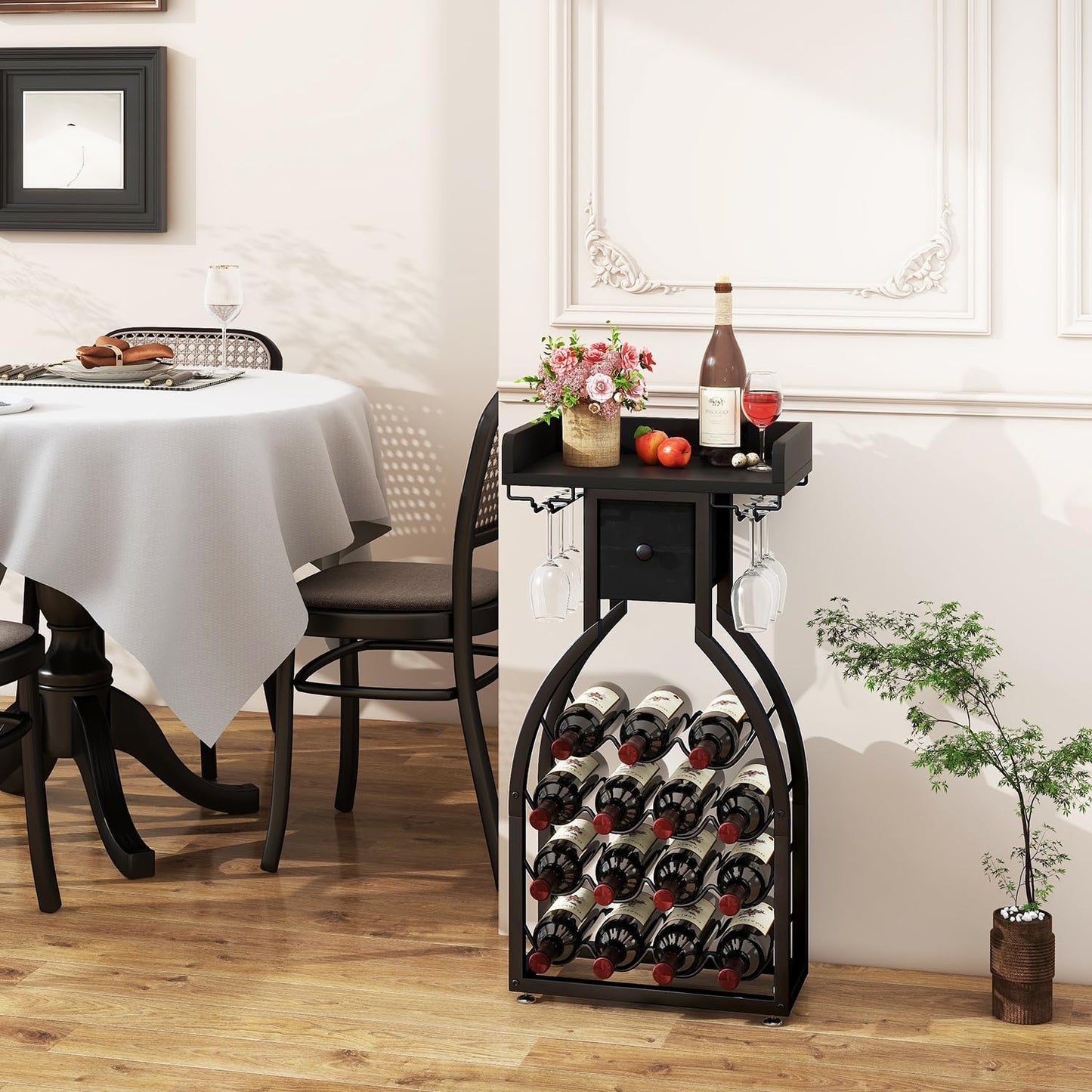 IBUYKE Wine Rack Freestanding Floor,Wine Storage 15 Bottles Bottle Rack with Glass Holders, Mini Bar Wine Cabinet with Storage Drawer for Home Bar Kitchen Dining Room,Black,UTMJ908B