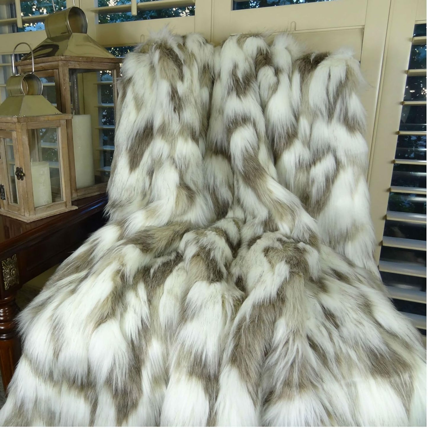 Ivory Faux Fur Throw Blanket & Bedspread Tibet Fox Fur - Ivory Beige Luxury Soft Faux Fur, Handmade in US, 16445
