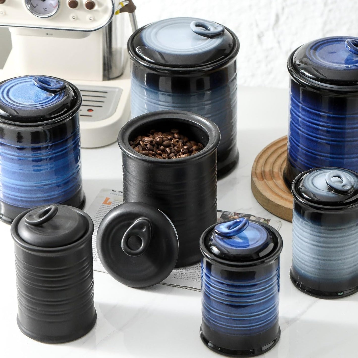 Nihow Food Storage Jar Sets: Ceramic Container with Air Tight Lid for Flour/Sugar/Rice/Coffee/Cookies/Candy - Seal Damp-proof Canister for The Kitchen Counter - Set of 4 （Matte Black）