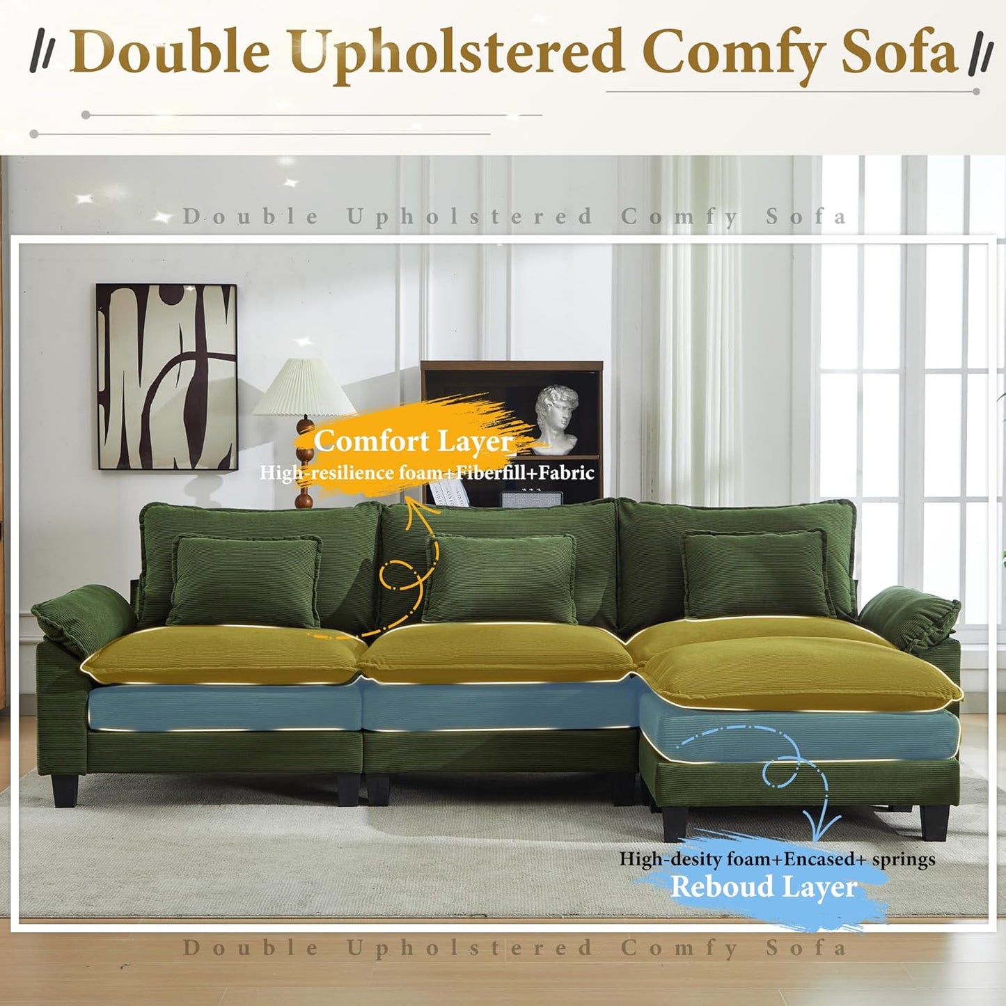 URRED Modular Sectional Sofa Comfy Cloud Couch, Modern Corduroy Sofa Sleeper Deep Seat Couches with Ottoman/Pillows for Living Room (Green, 117''- L Shape)