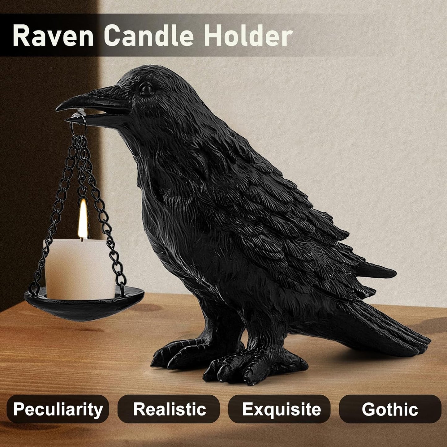 Gothic Home Decor Fake Crow Light Holder Halloween Decorations Indoor Raven Lamp Tealight Candle Holder Resin Statue Black